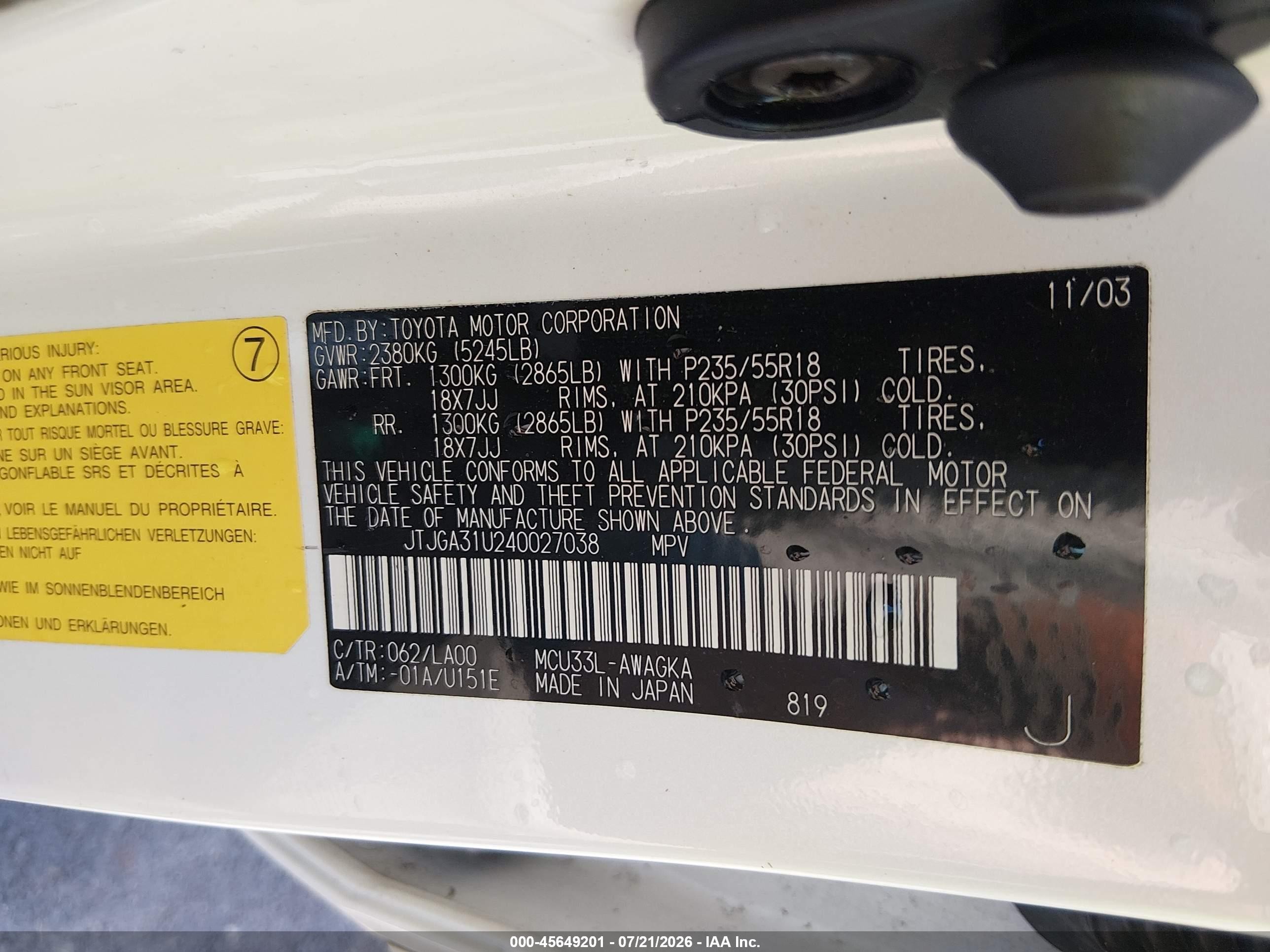 2004 Lexus Rx 330   White vin: JTJGA31U240027038