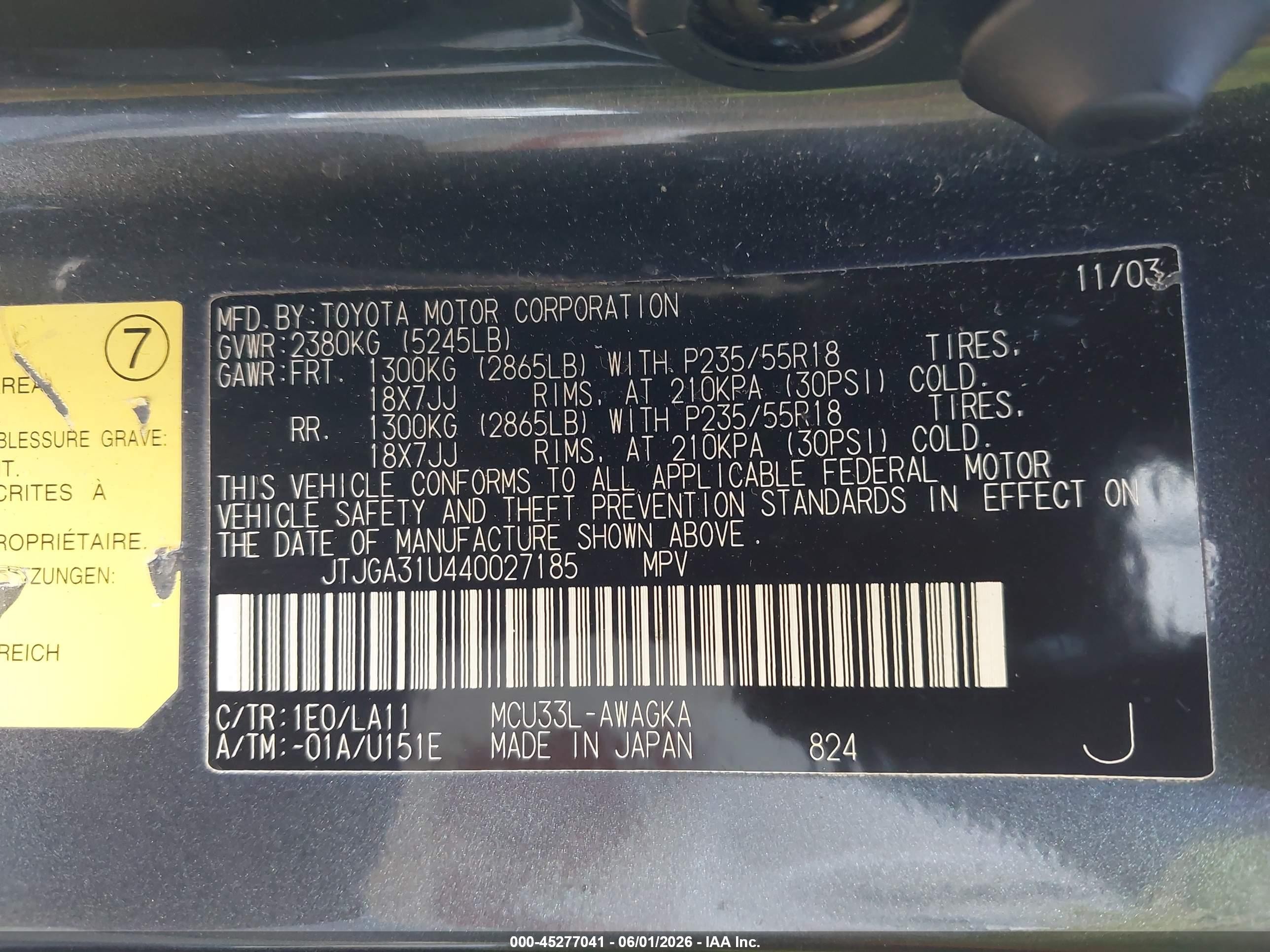2004 Lexus Rx 330   Gray vin: JTJGA31U440027185