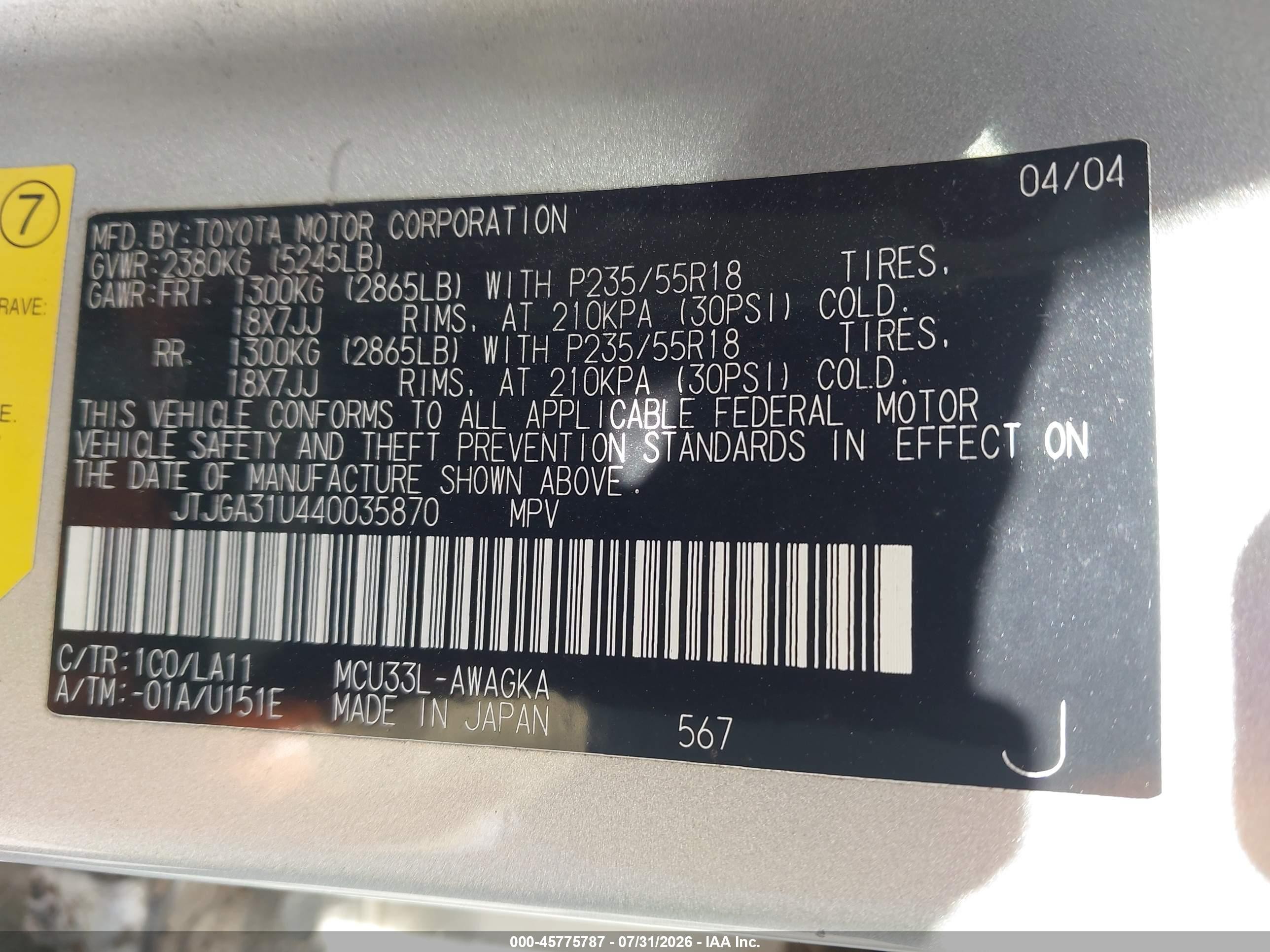 2004 Lexus Rx 330   Silver vin: JTJGA31U440035870
