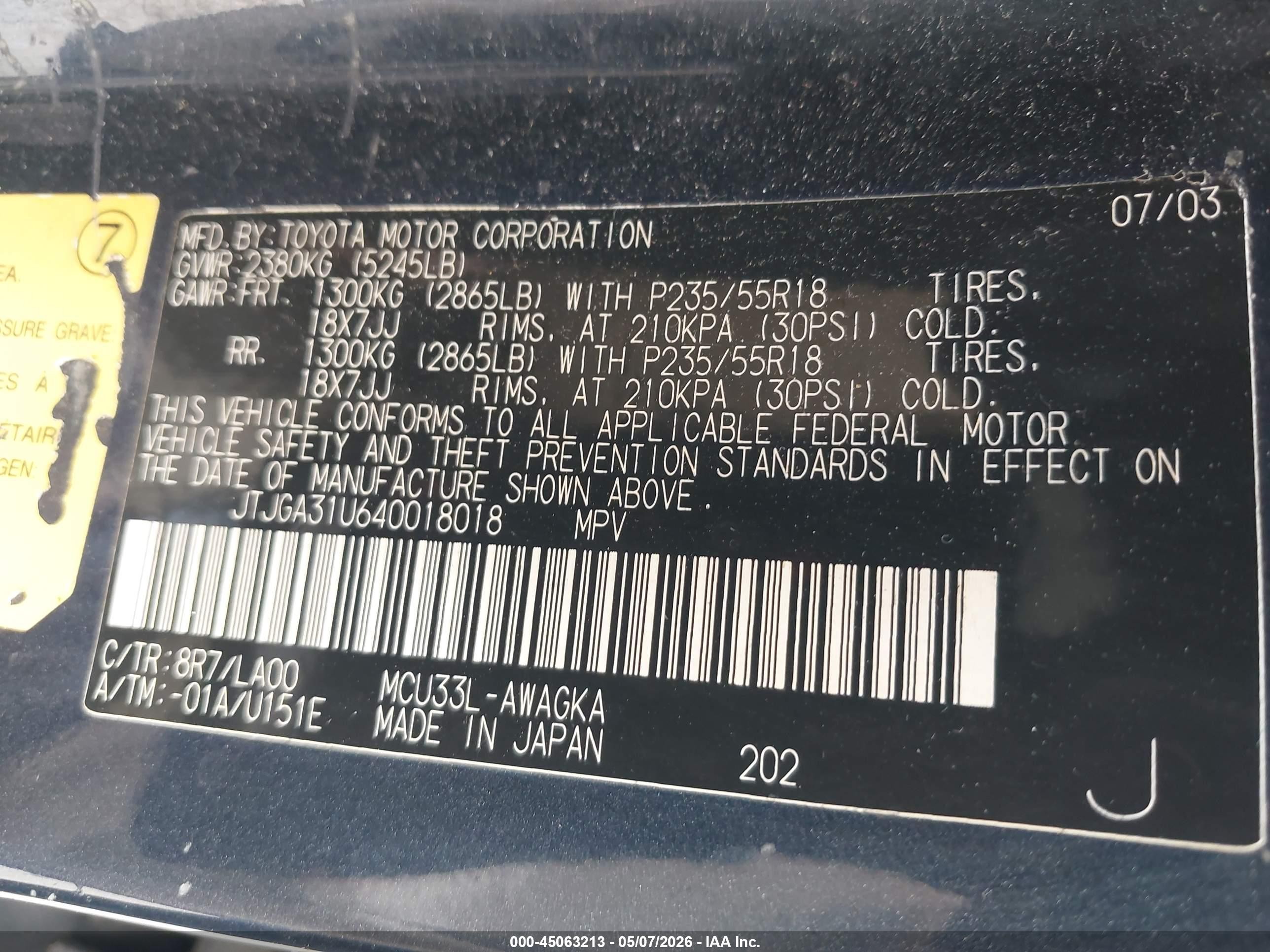 2004 Lexus Rx 330   Blue vin: JTJGA31U640018018