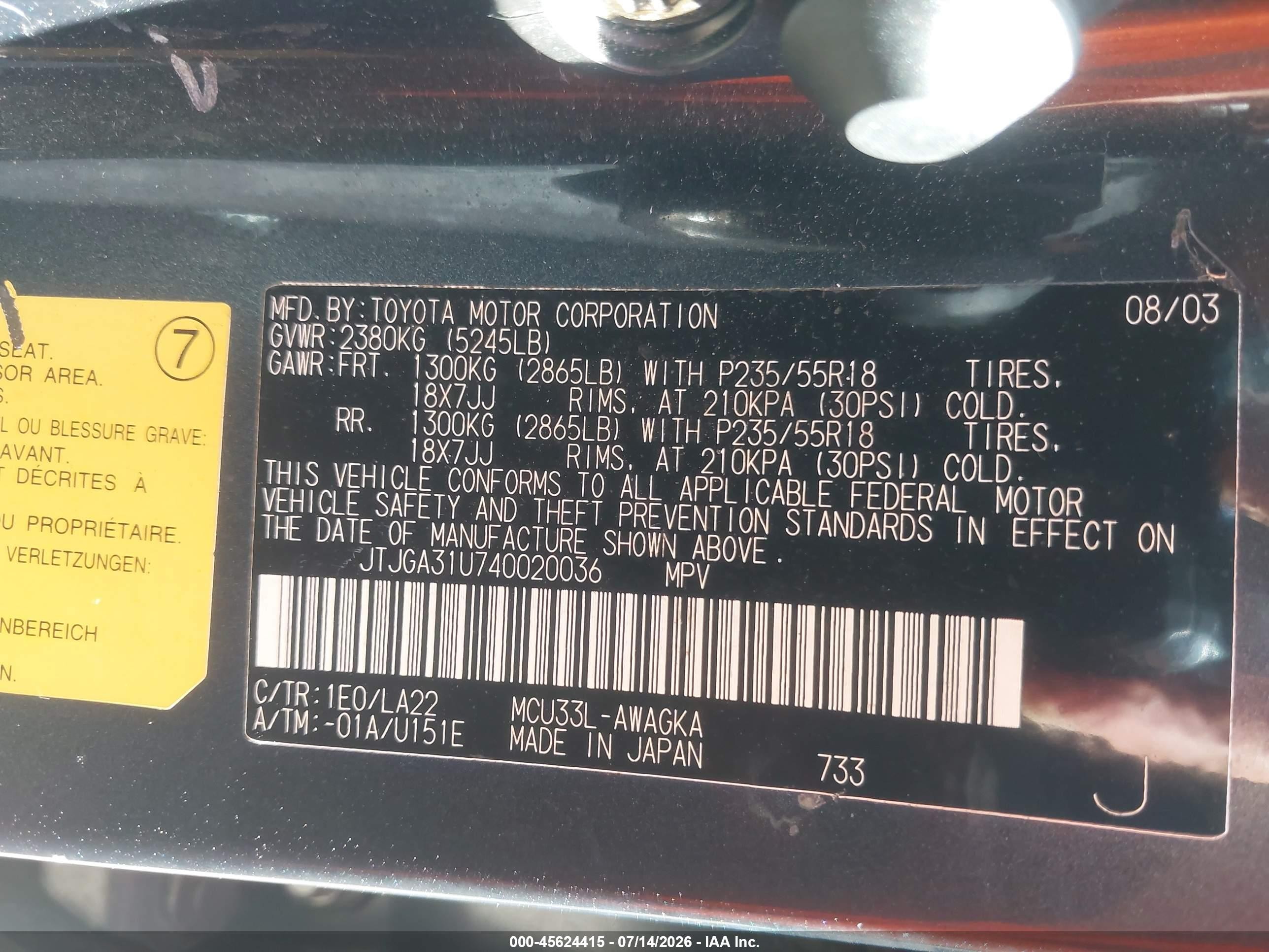 2004 Lexus Rx 330   Black vin: JTJGA31U740020036