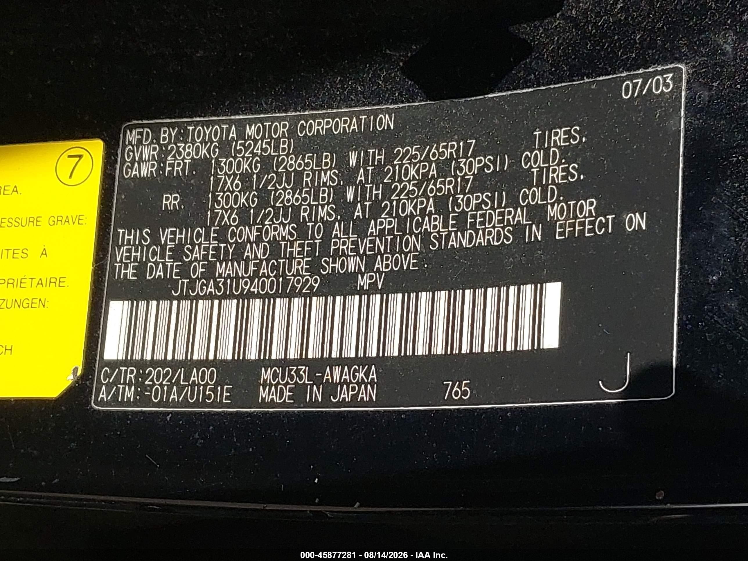 2004 Lexus Rx 330   Black vin: JTJGA31U940017929