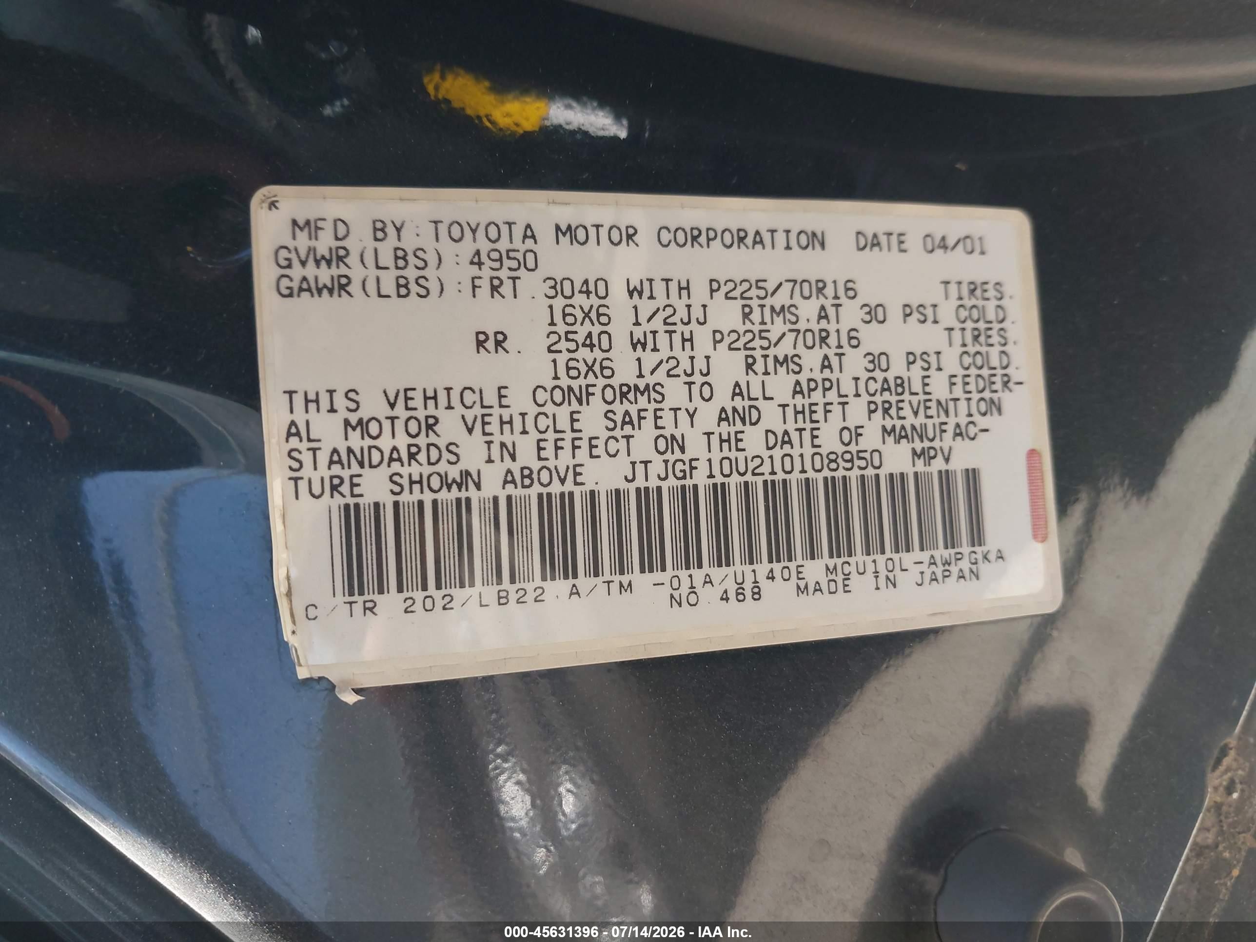 2001 Lexus Rx 300   Черный vin: JTJGF10U210108950