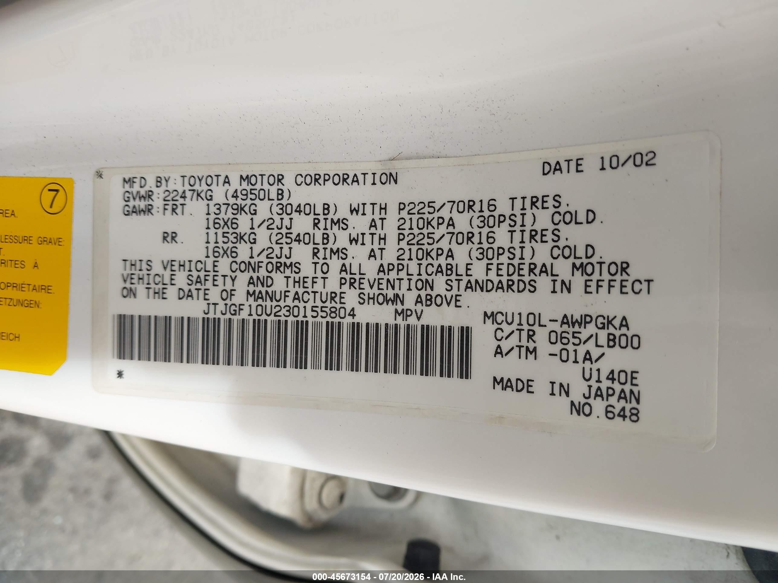 2003 Lexus Rx 300   White vin: JTJGF10U230155804
