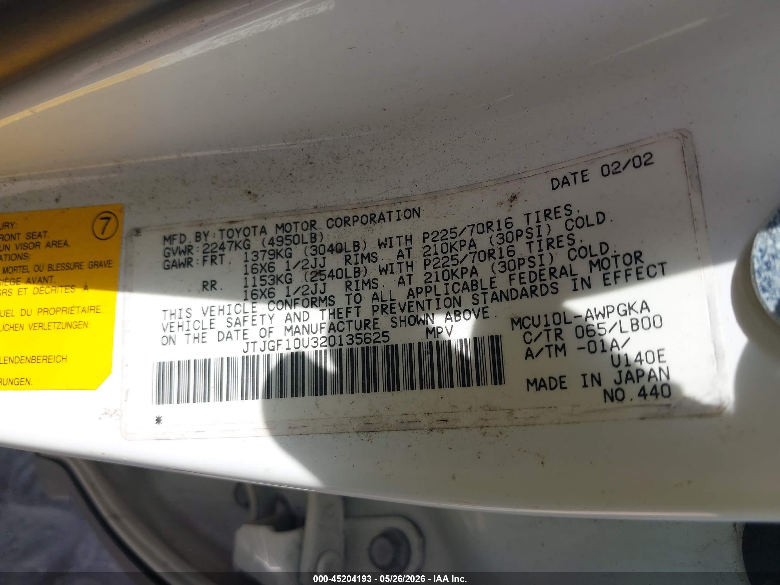 2002 Lexus Rx 300   White vin: JTJGF10U320135625