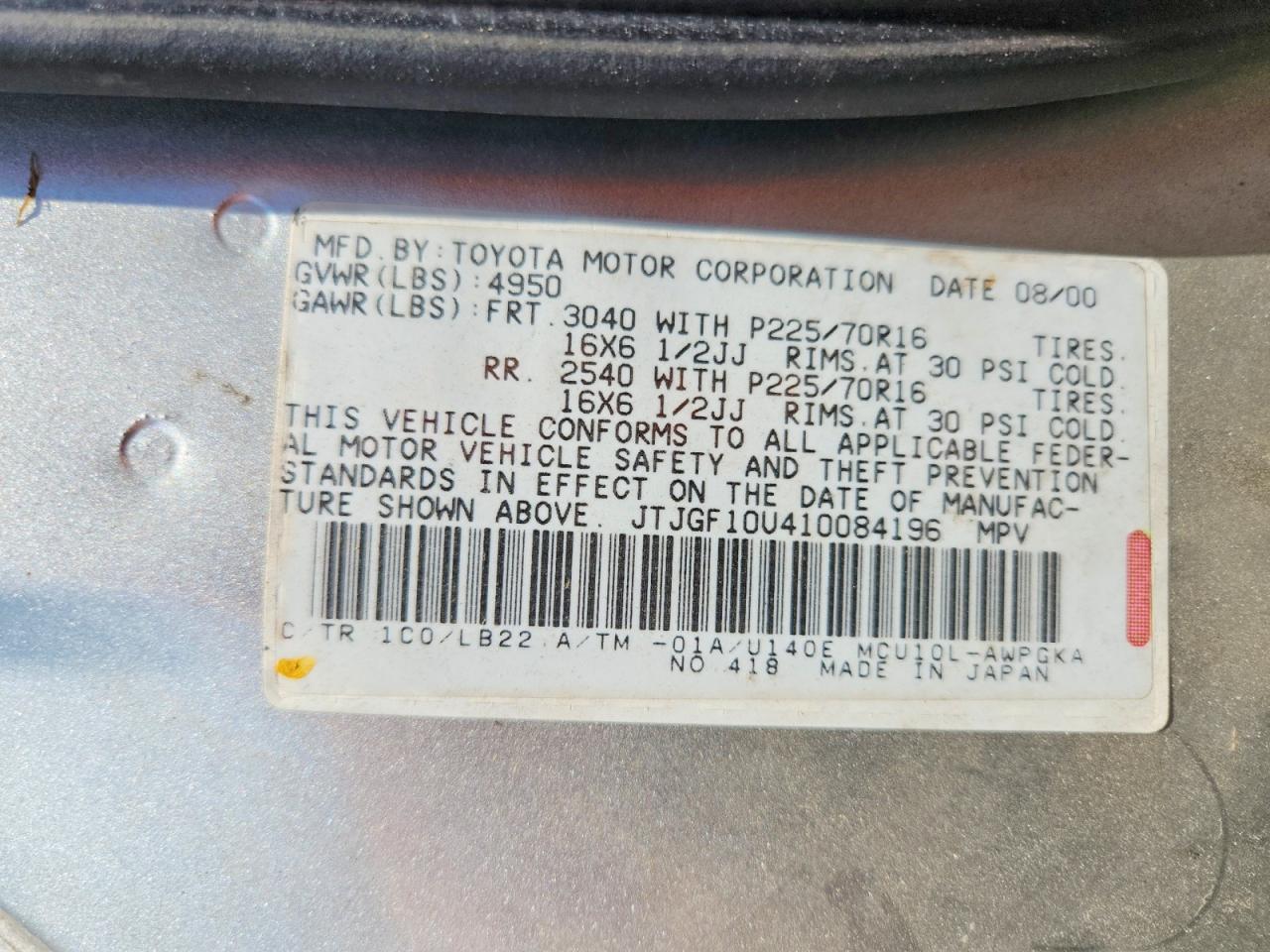2001 Lexus Rx 300 Silver vin: JTJGF10U410084196