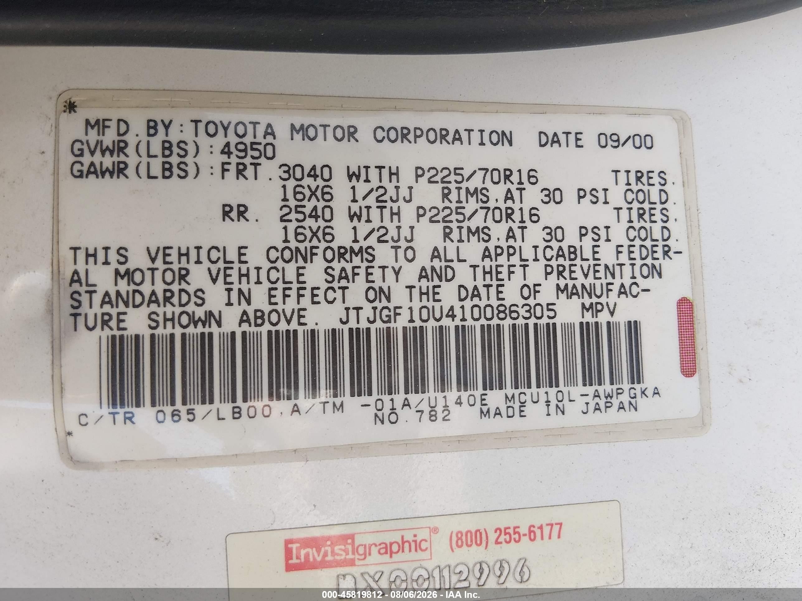 2001 Lexus Rx 300   White vin: JTJGF10U410086305