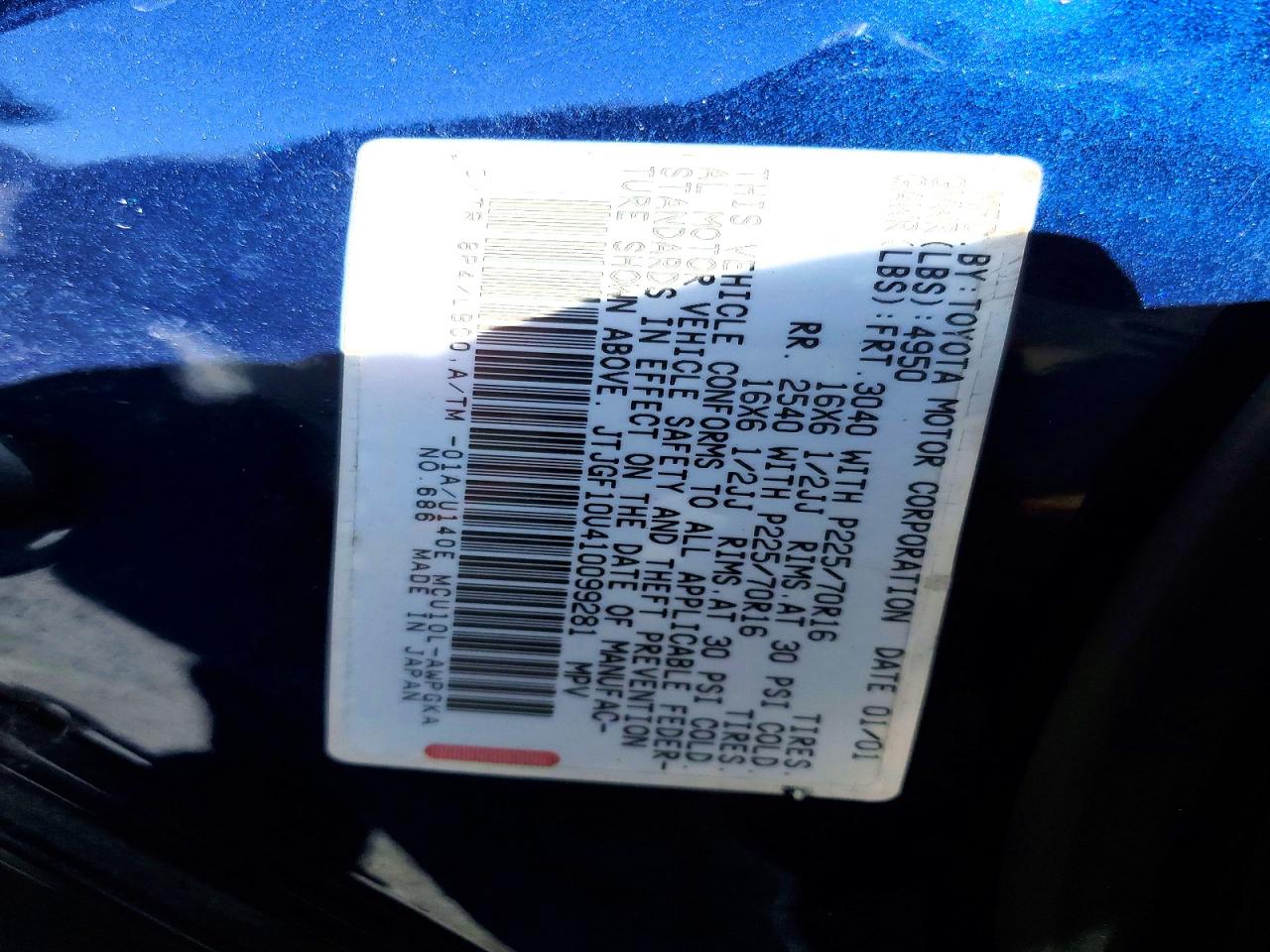2001 Lexus Rx 300 Blue vin: JTJGF10U410099281