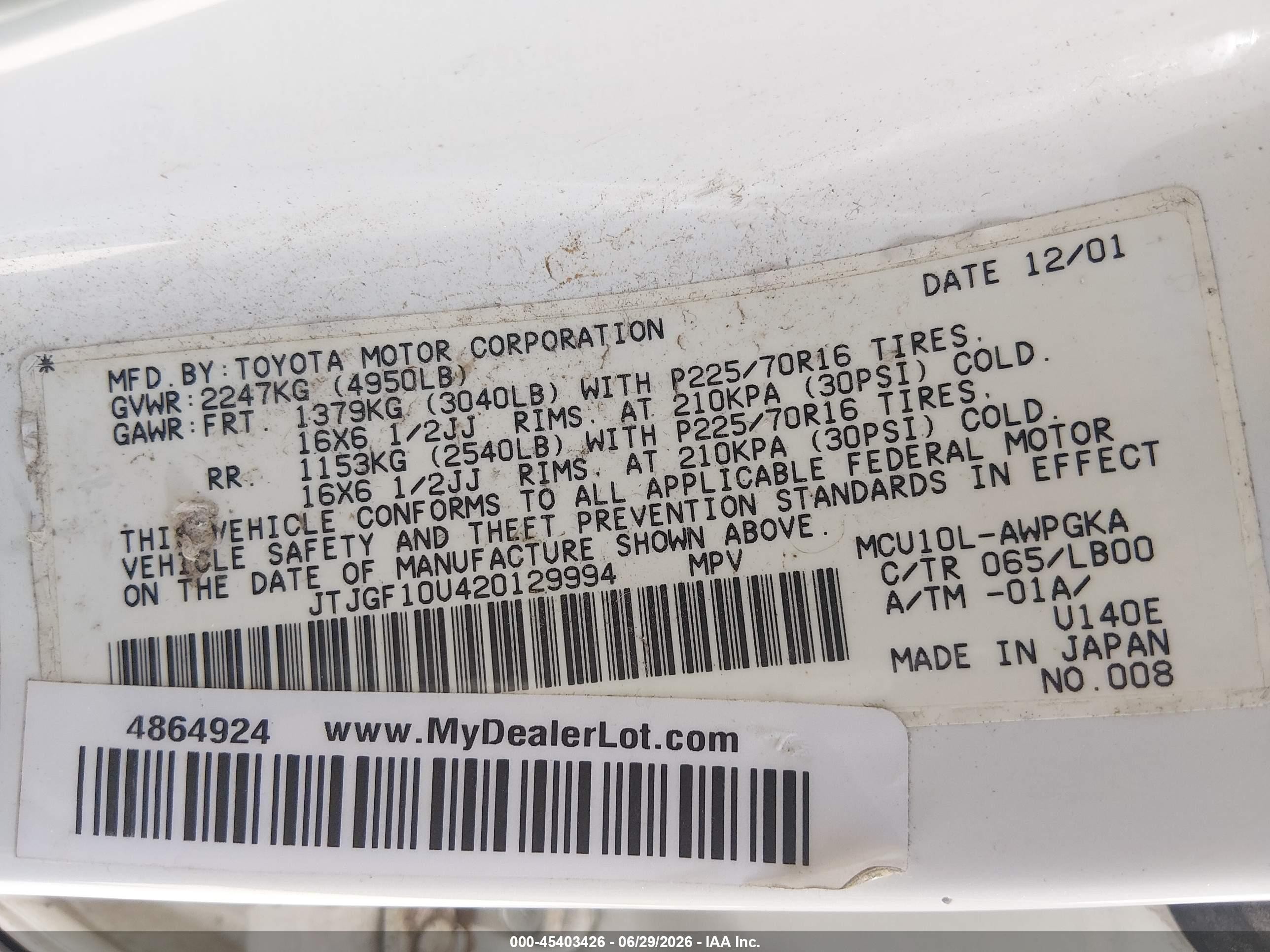 2002 Lexus Rx 300   White vin: JTJGF10U420129994