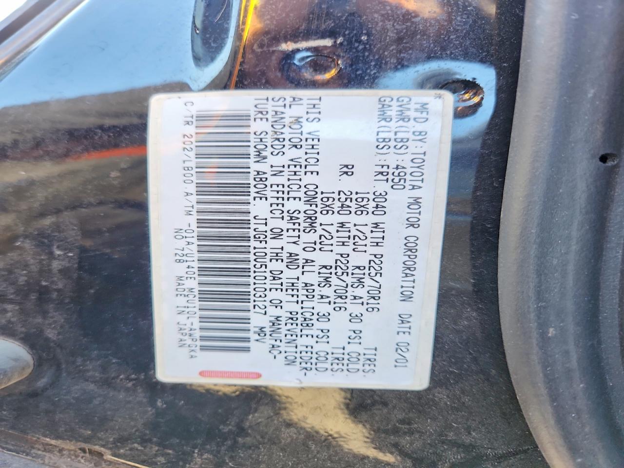 2001 Lexus Rx 300 Black vin: JTJGF10U510103127