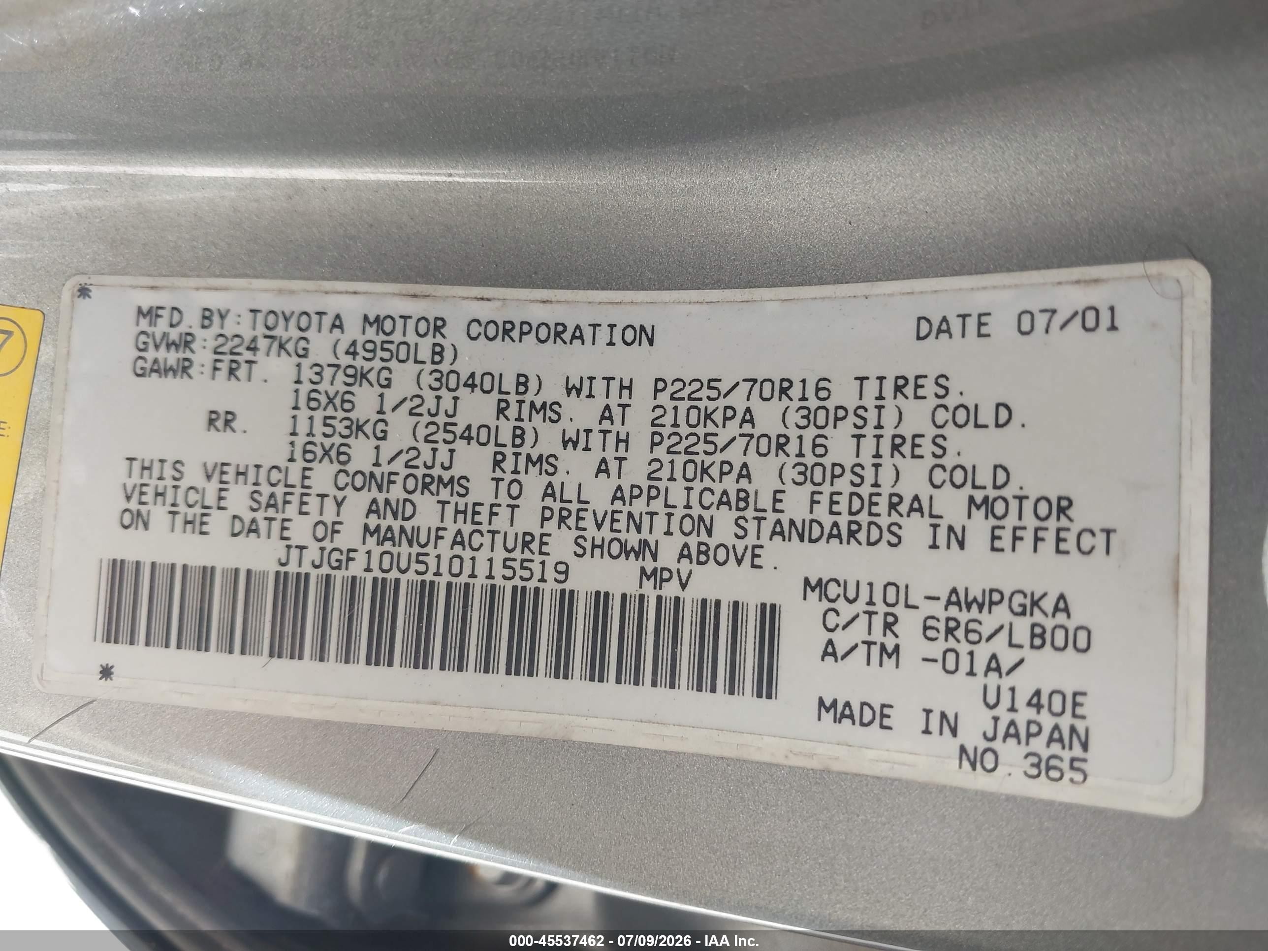 2001 Lexus Rx 300   Gray vin: JTJGF10U510115519