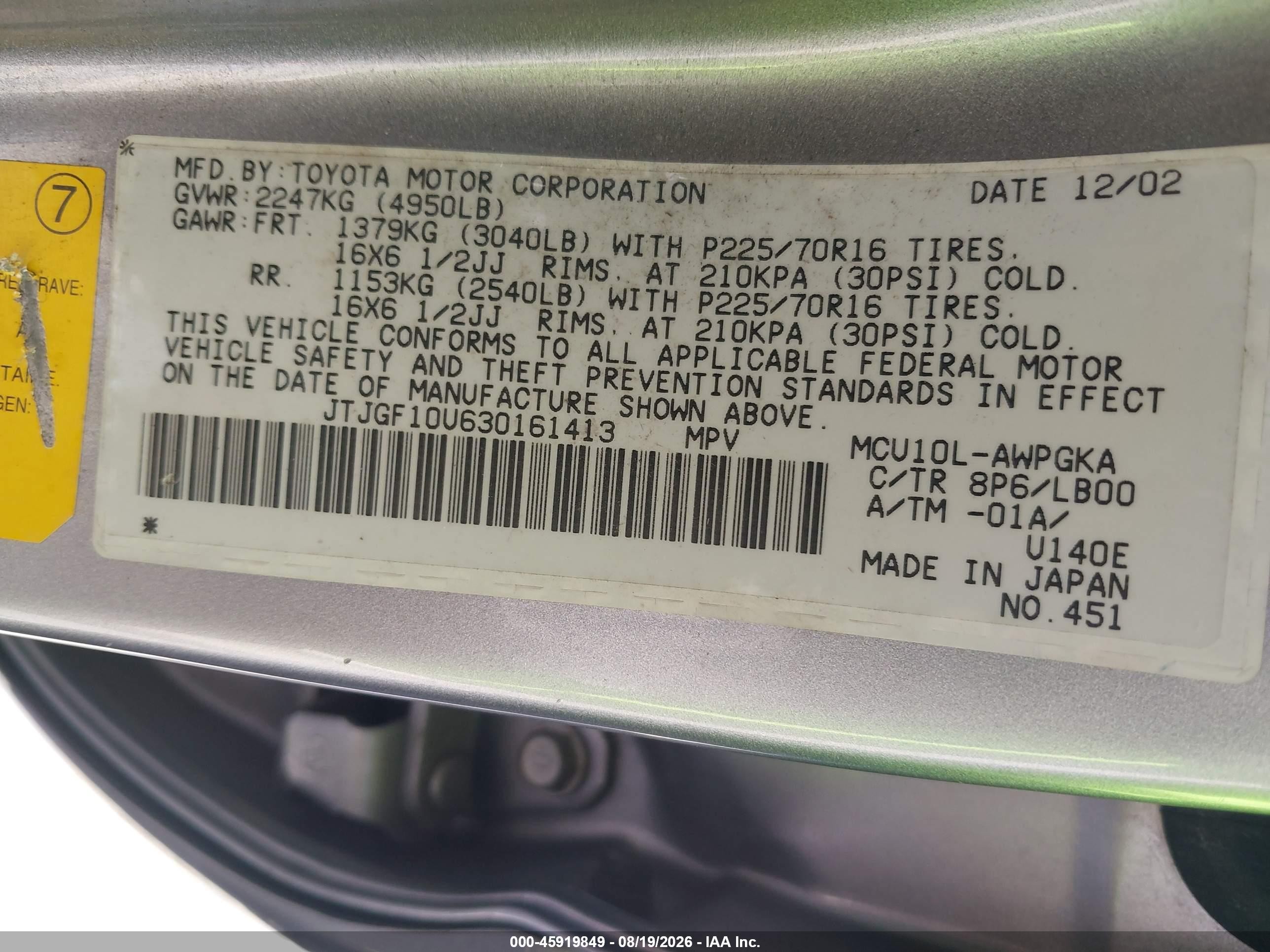 2003 Lexus Rx 300   Blue vin: JTJGF10U630161413