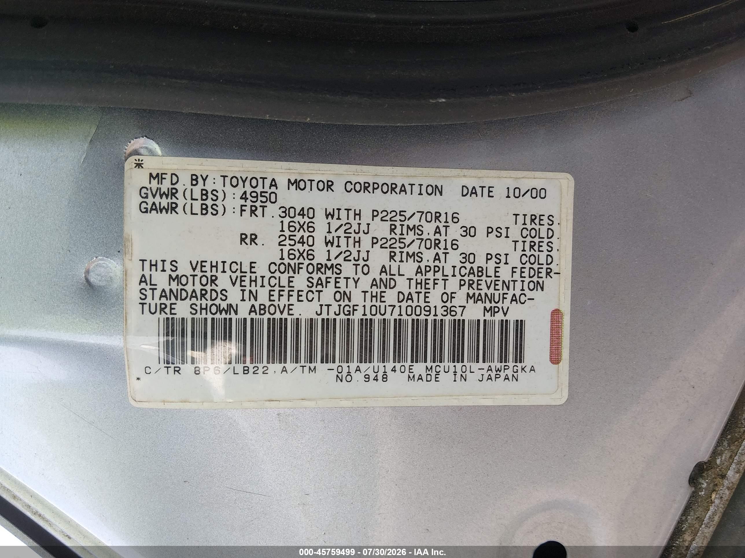 2001 Lexus Rx 300   Gray vin: JTJGF10U710091367