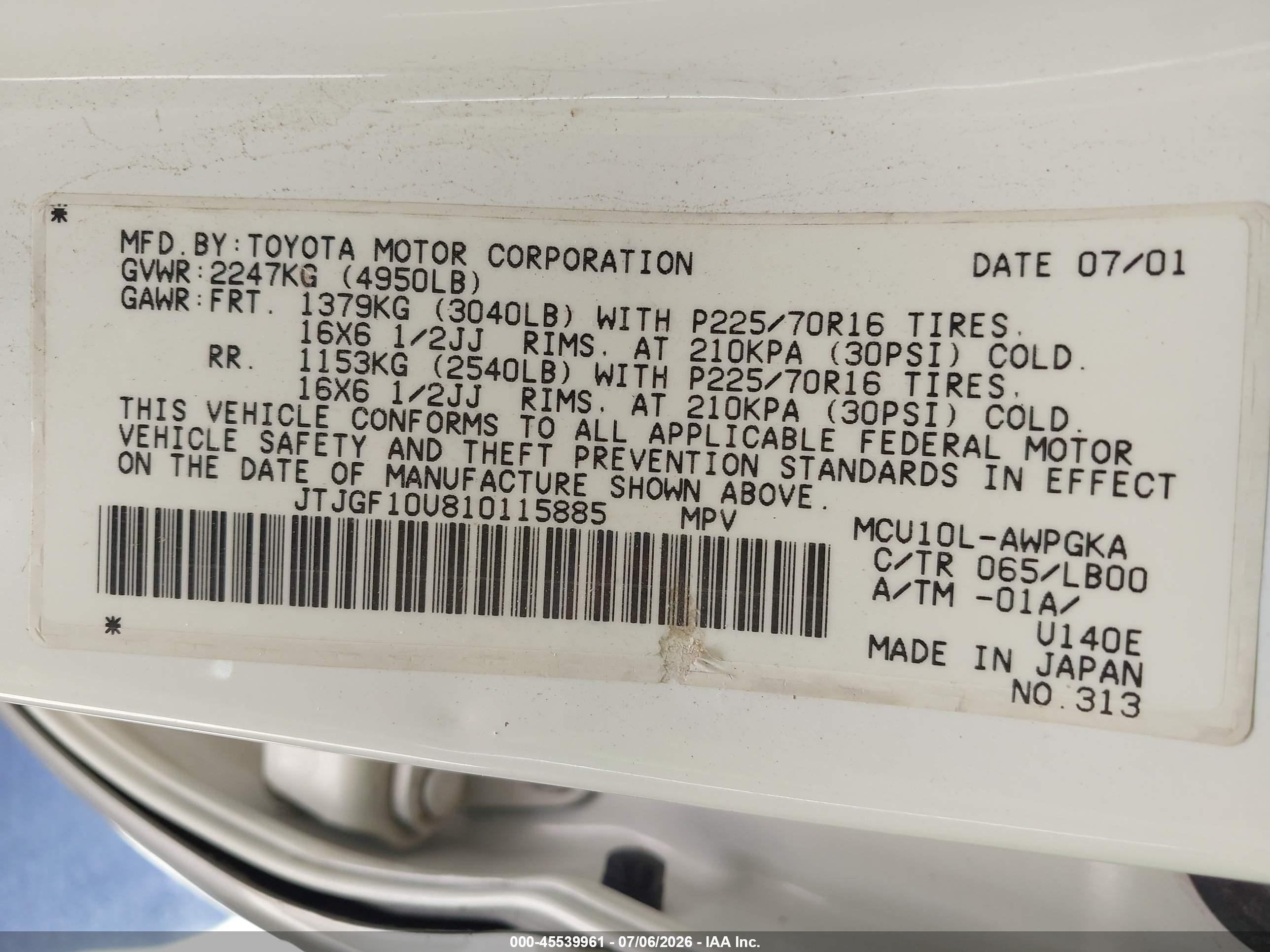 2001 Lexus Rx 300   White vin: JTJGF10U810115885