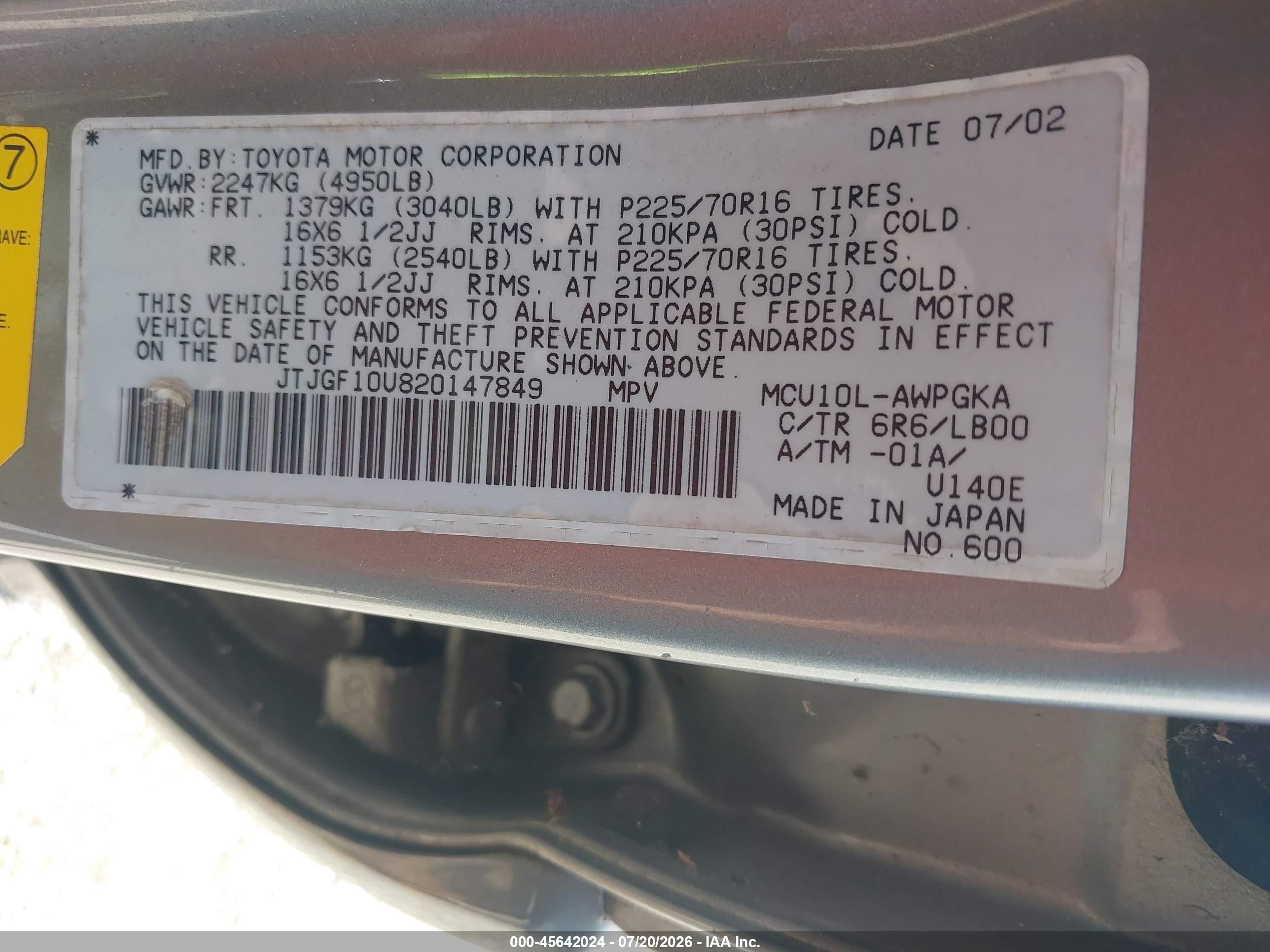 2002 Lexus Rx 300 Silver vin: JTJGF10U820147849