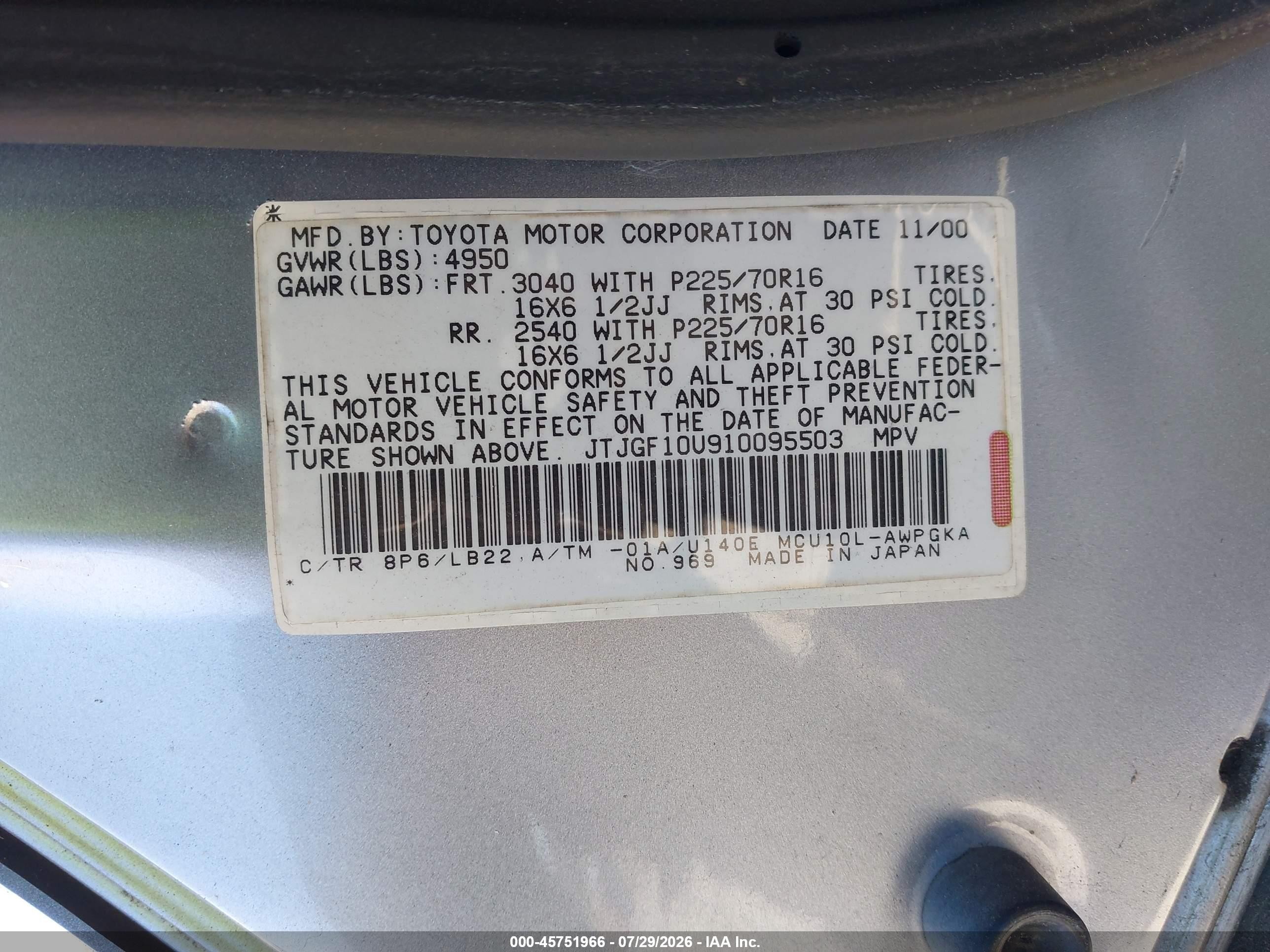 2001 Lexus Rx 300   Gray vin: JTJGF10U910095503