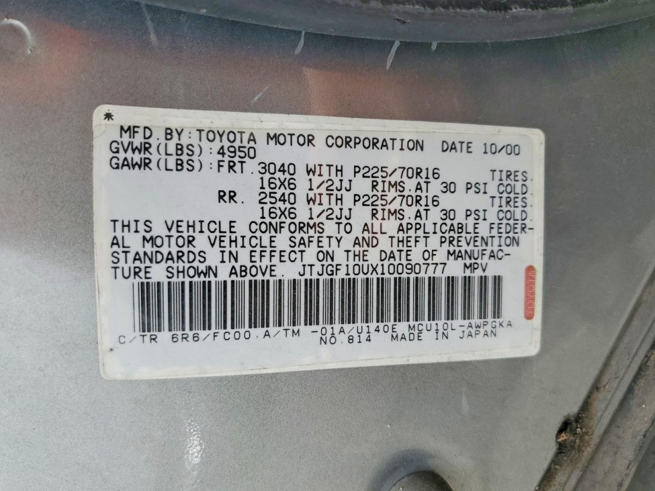 2001 Lexus Rx 300 Gray vin: JTJGF10UX10090777