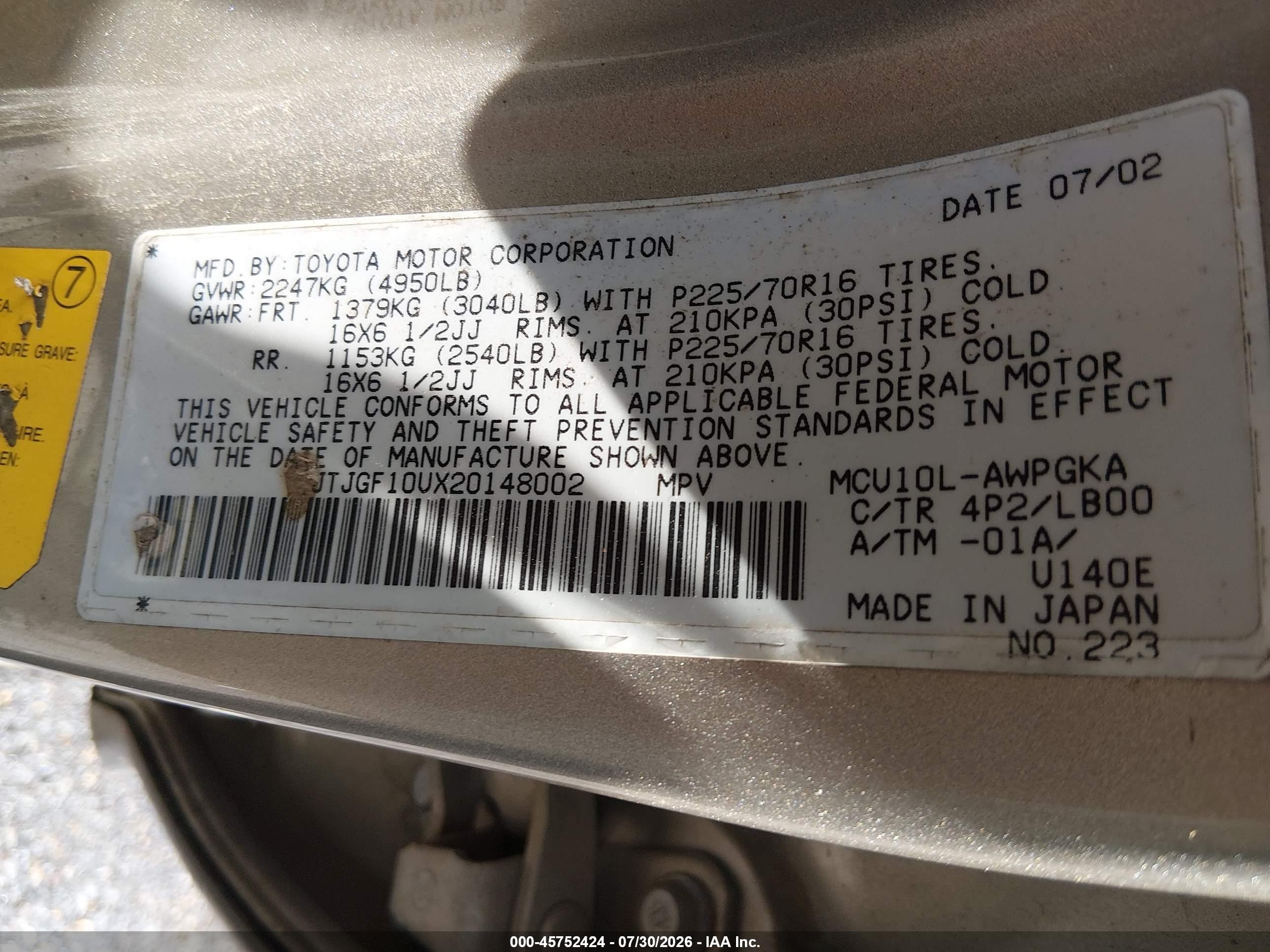 2002 Lexus Rx 300   Gold vin: JTJGF10UX20148002