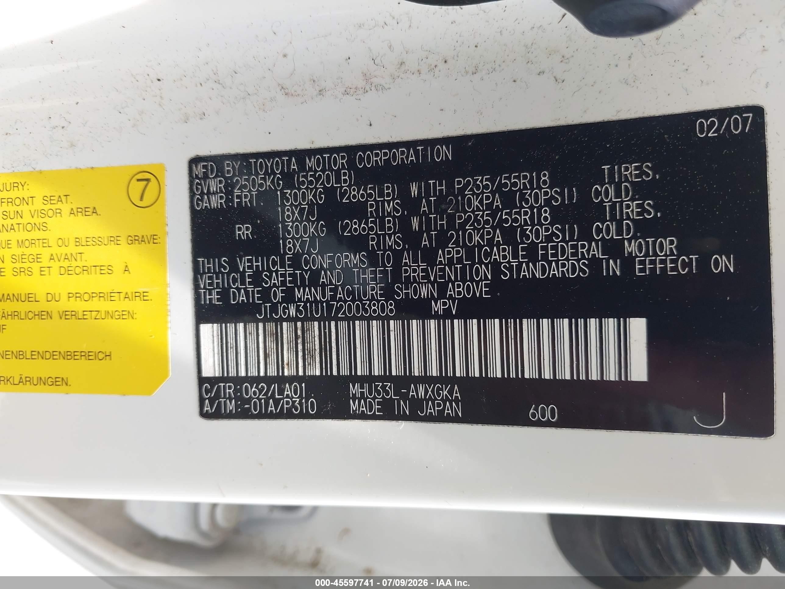 2007 Lexus Rx 400h   White vin: JTJGW31U172003808