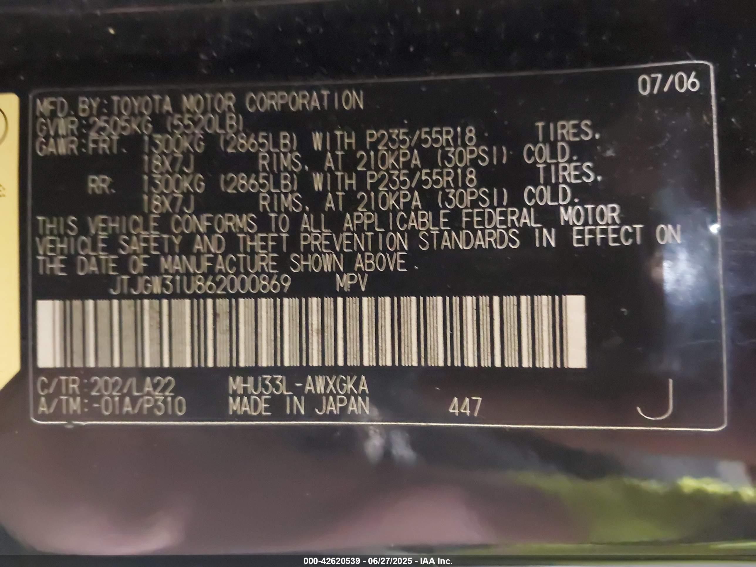 2006 Lexus Rx 400h   Black vin: JTJGW31U862000869