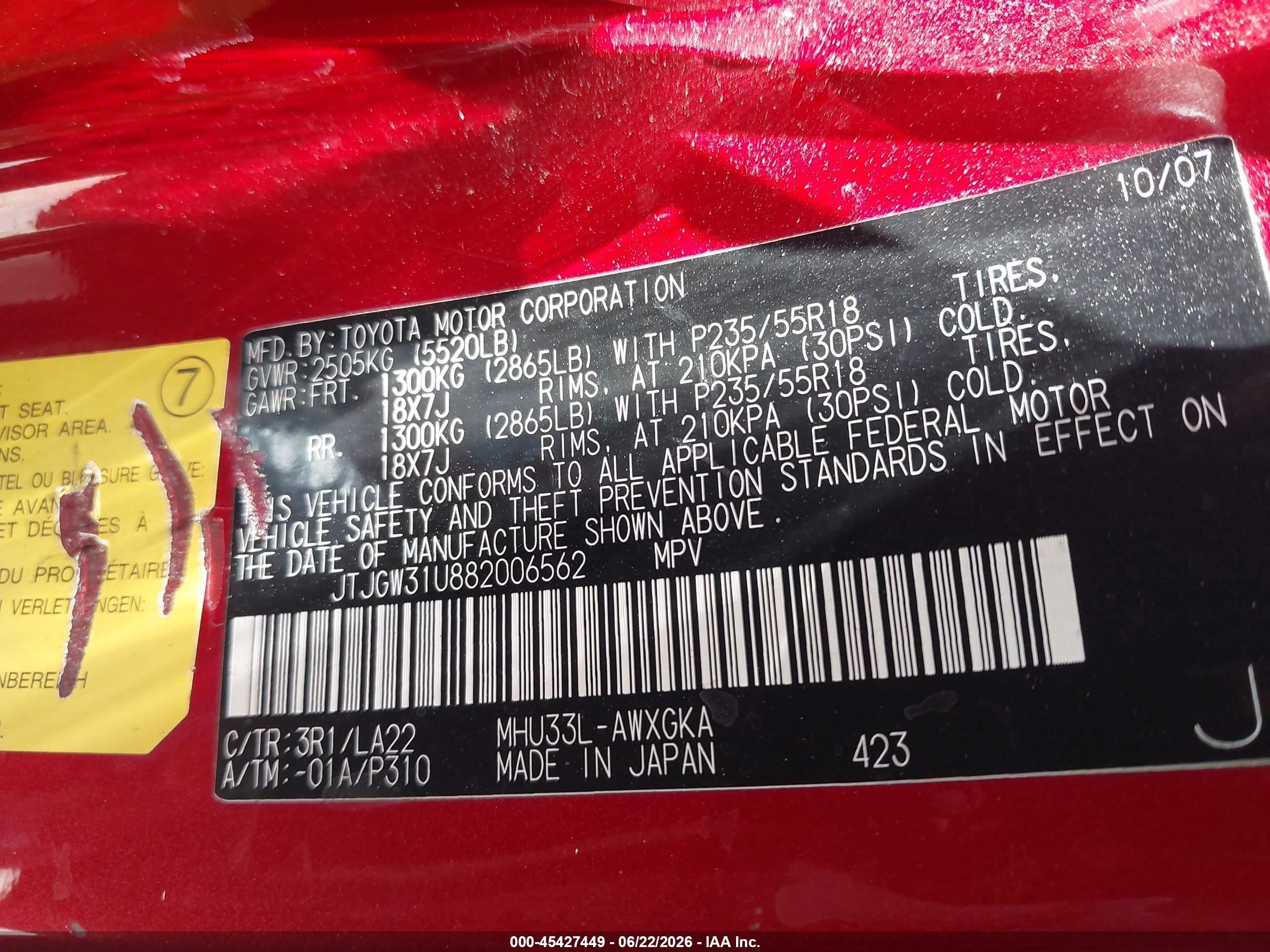 2008 Lexus Rx 400h Red vin: JTJGW31U882006562