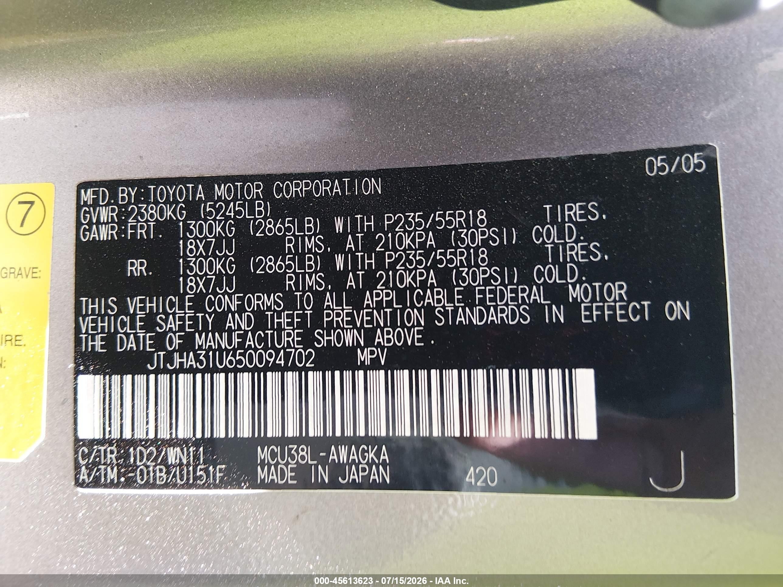 2005 Lexus Rx 330   Gray vin: JTJHA31U650094702