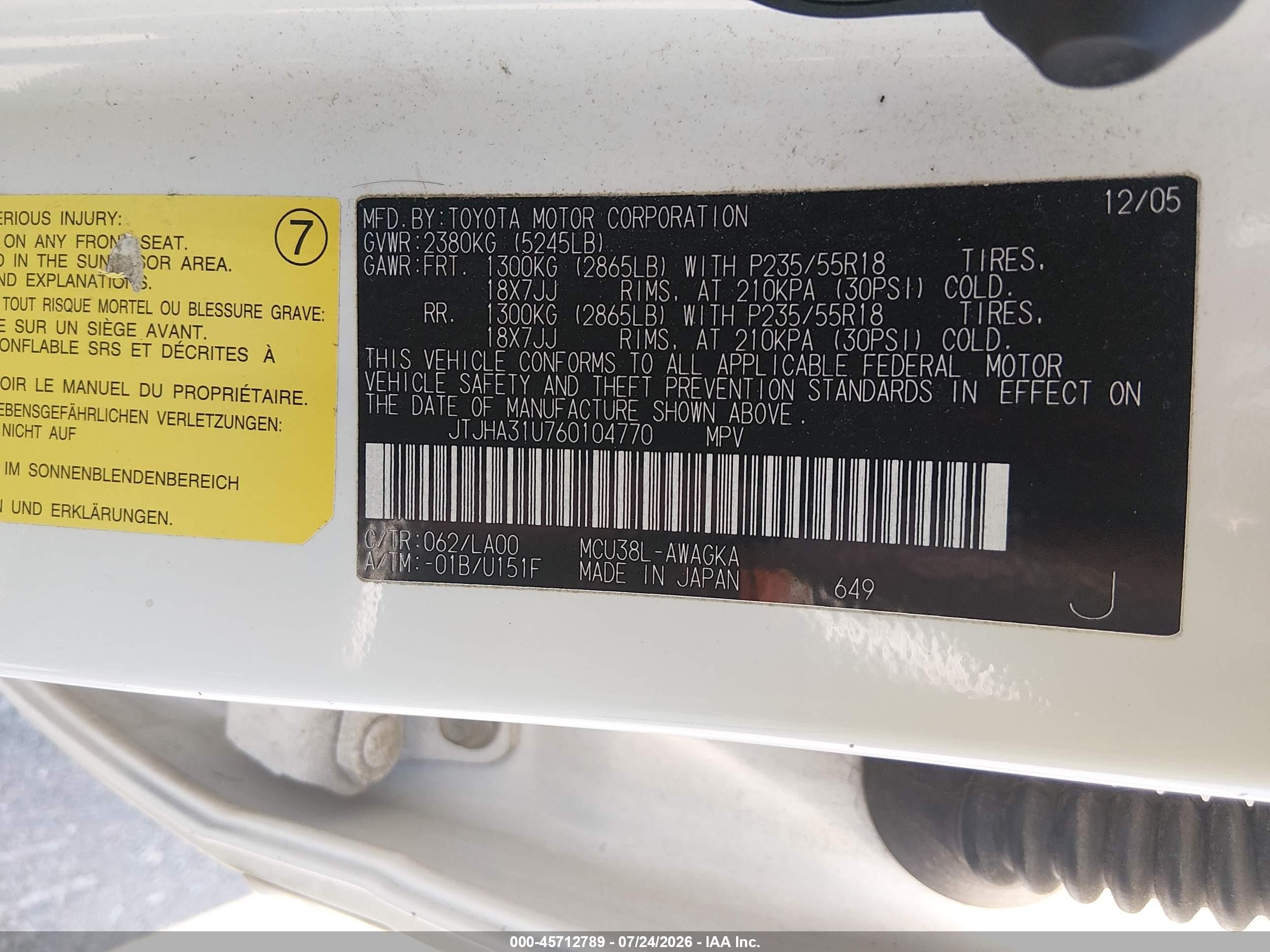 2006 Lexus Rx 330   White vin: JTJHA31U760104770