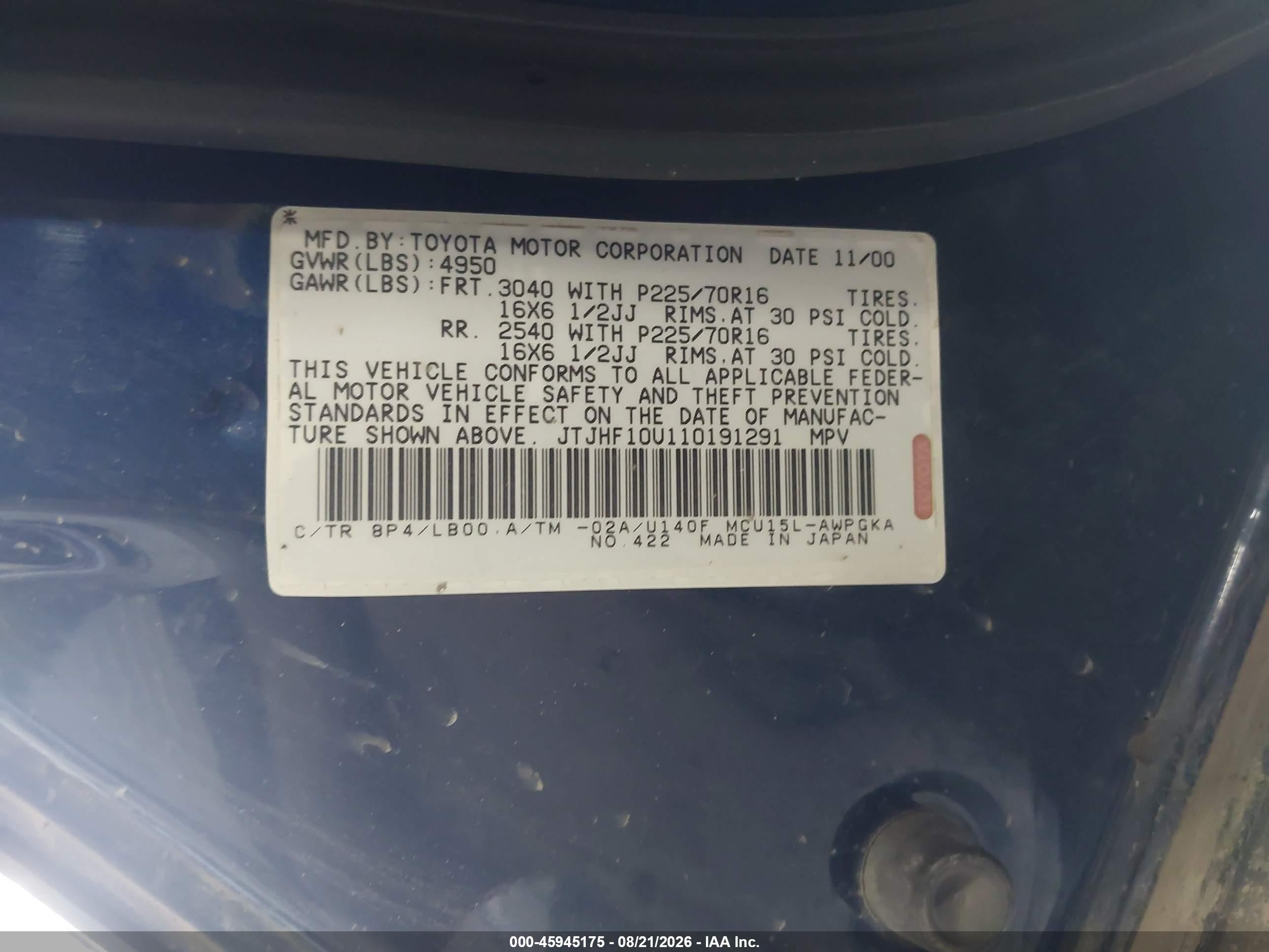 2001 Lexus Rx 300   Blue vin: JTJHF10U110191291