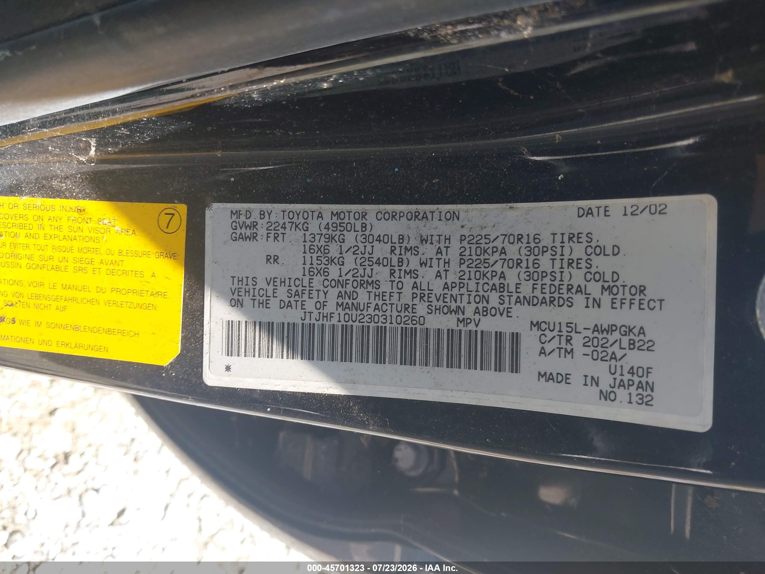 2003 Lexus Rx 300   Black vin: JTJHF10U230310260
