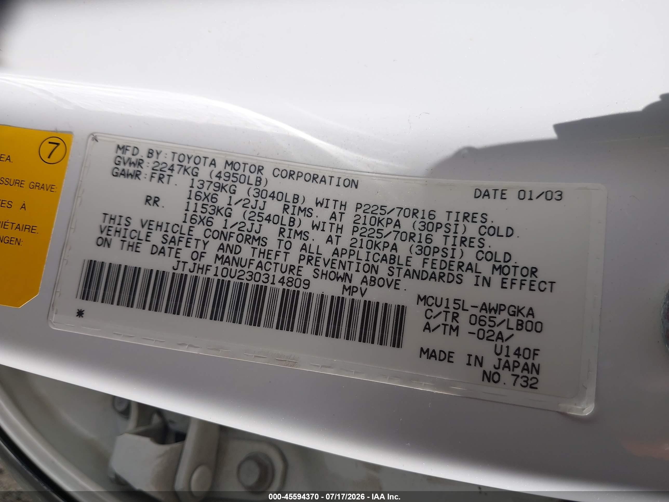 2003 Lexus Rx 300 White vin: JTJHF10U230314809