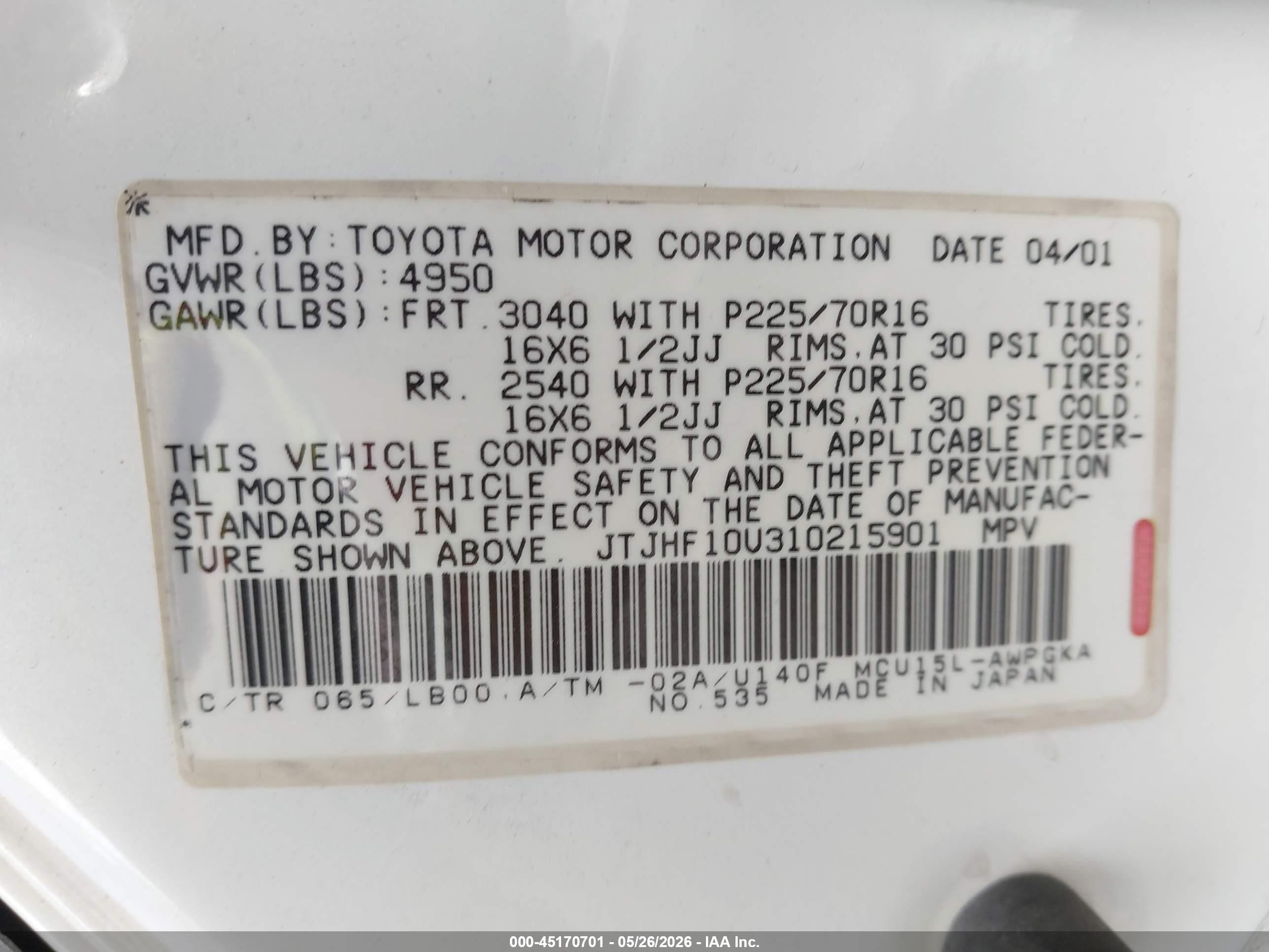 2001 Lexus Rx 300   White vin: JTJHF10U310215901