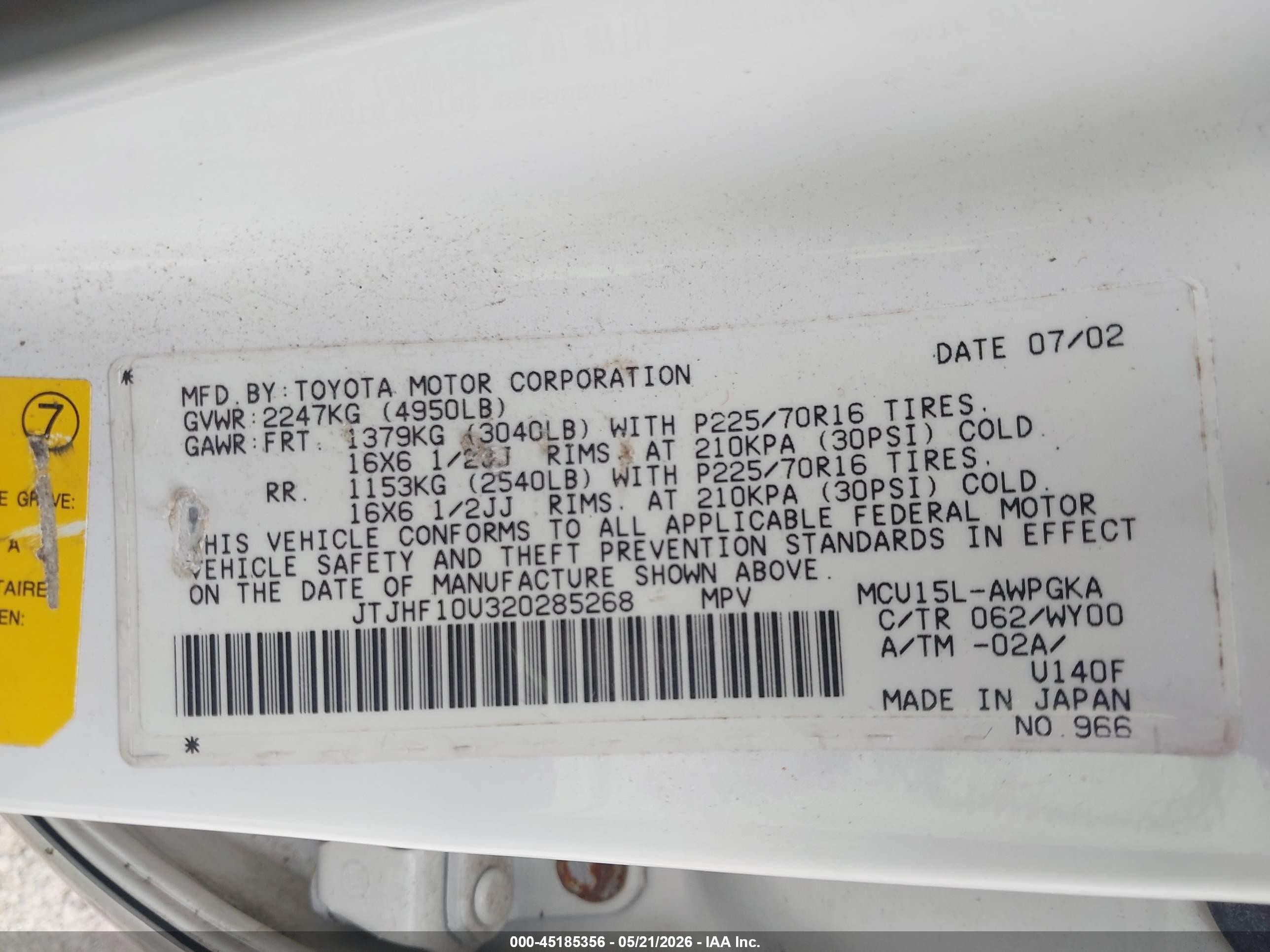 2002 Lexus Rx 300   White vin: JTJHF10U320285268
