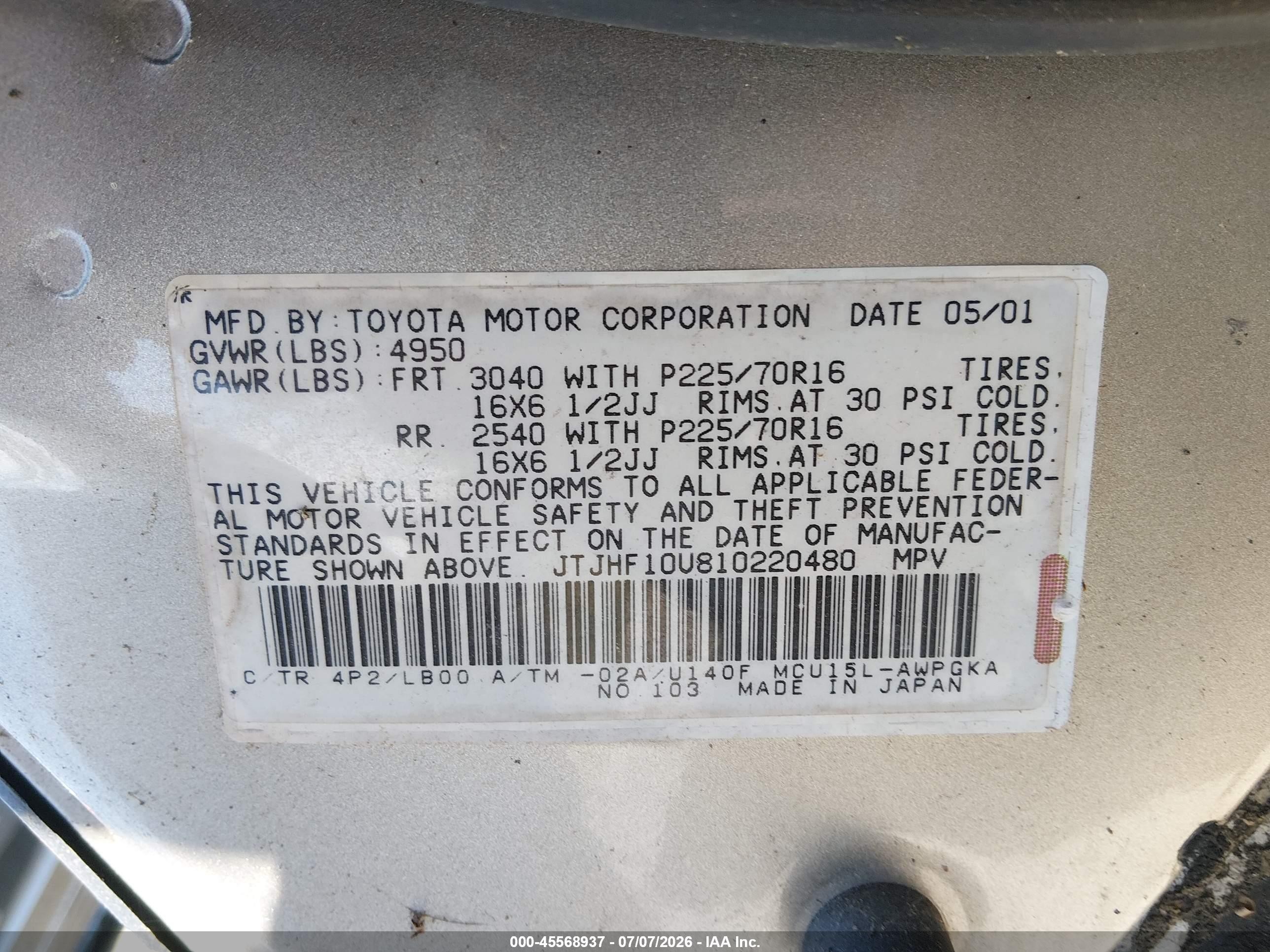 2001 Lexus Rx 300   Gold vin: JTJHF10U810220480