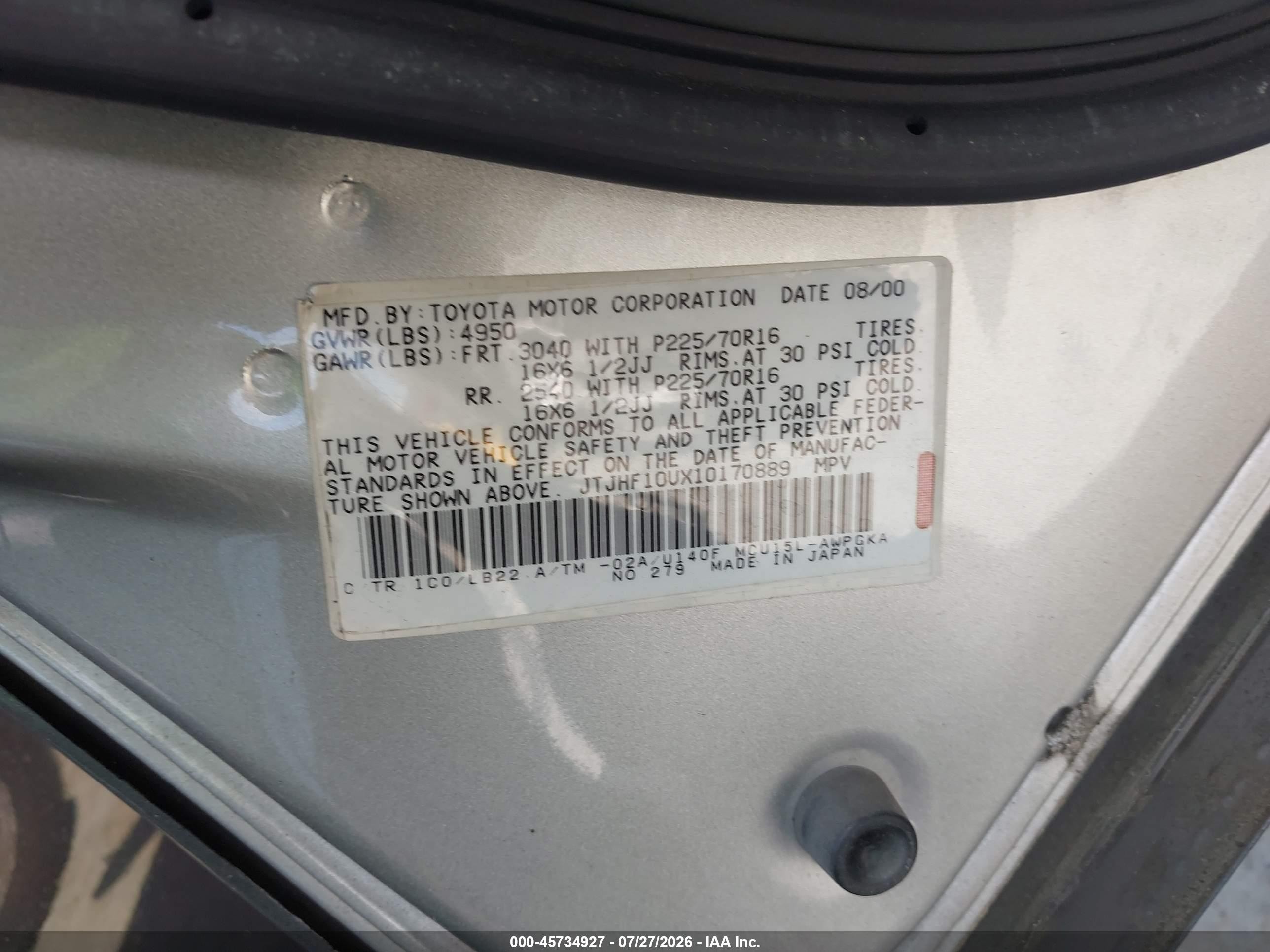 2001 Lexus Rx 300   Gray vin: JTJHF10UX10170889