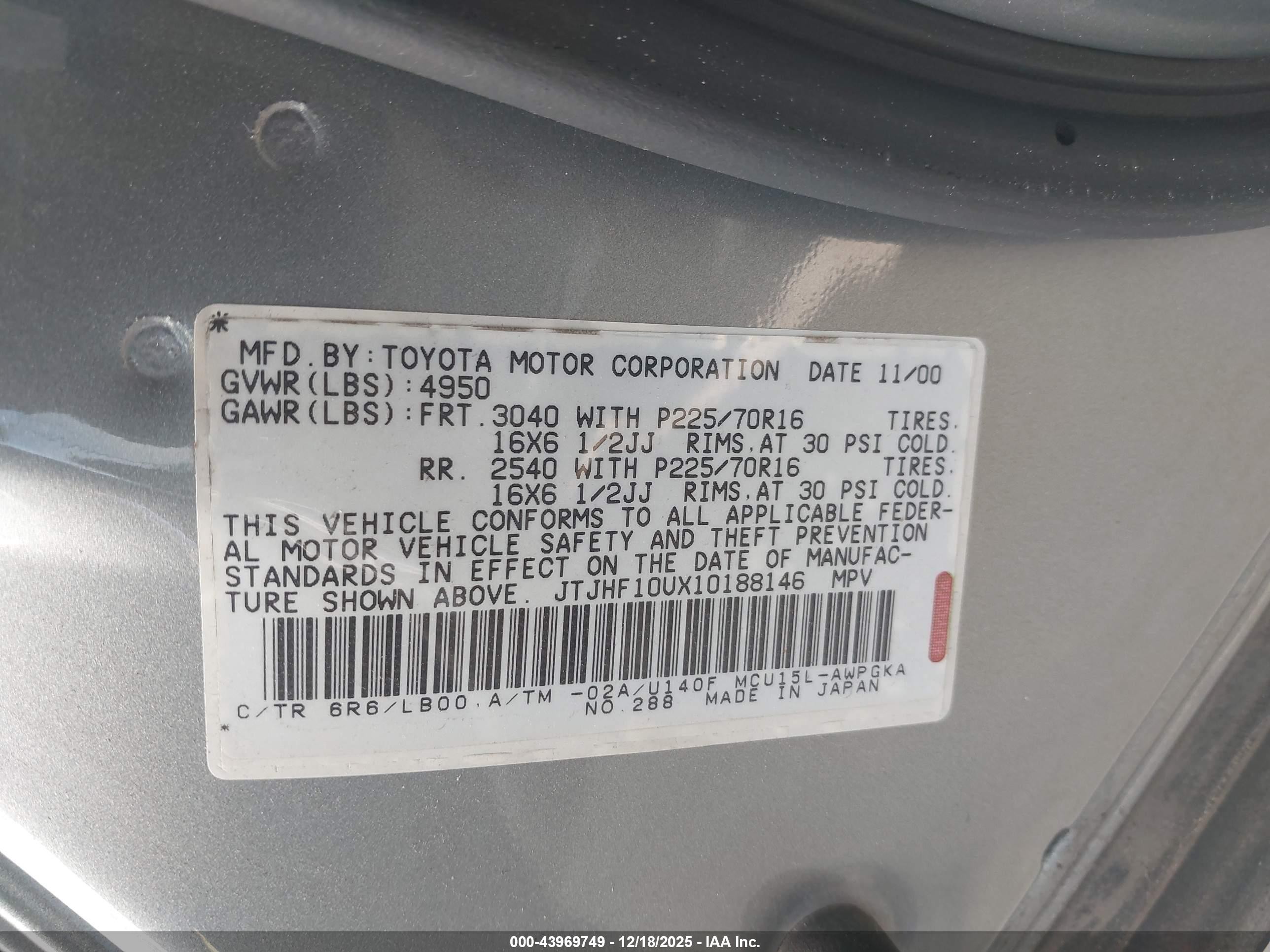 2001 Lexus Rx 300   Серый vin: JTJHF10UX10188146