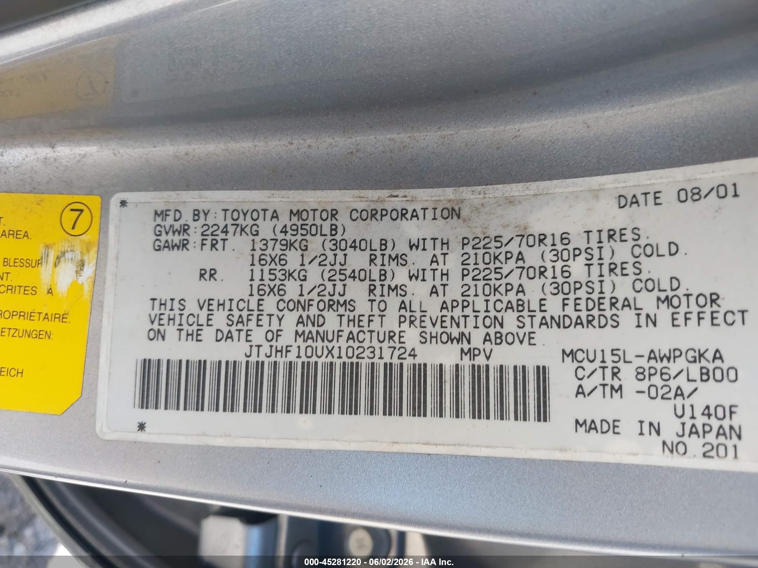 2001 Lexus Rx 300   Silver vin: JTJHF10UX10231724