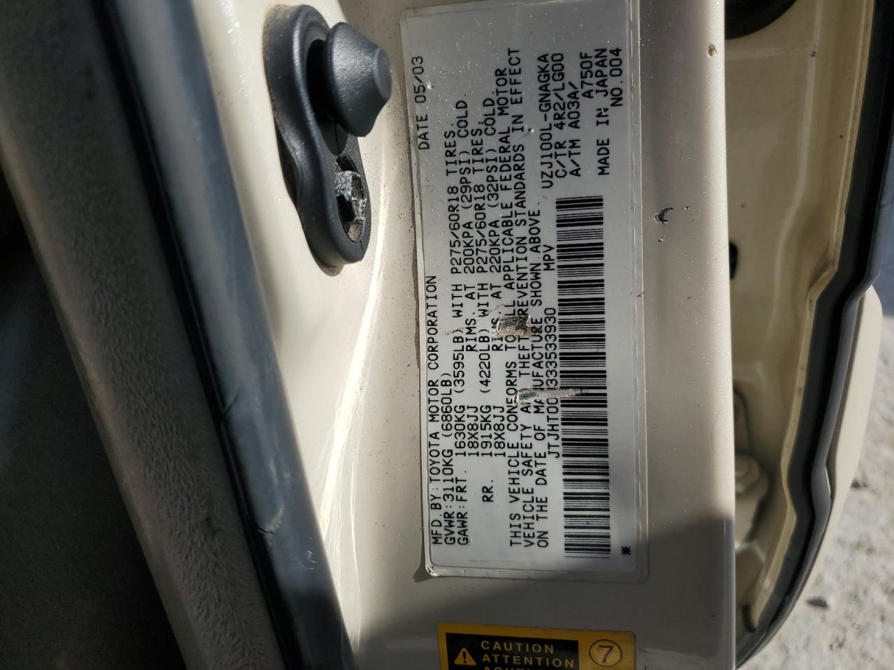 2003 Lexus Lx 470 Beige vin: JTJHT00W333533930