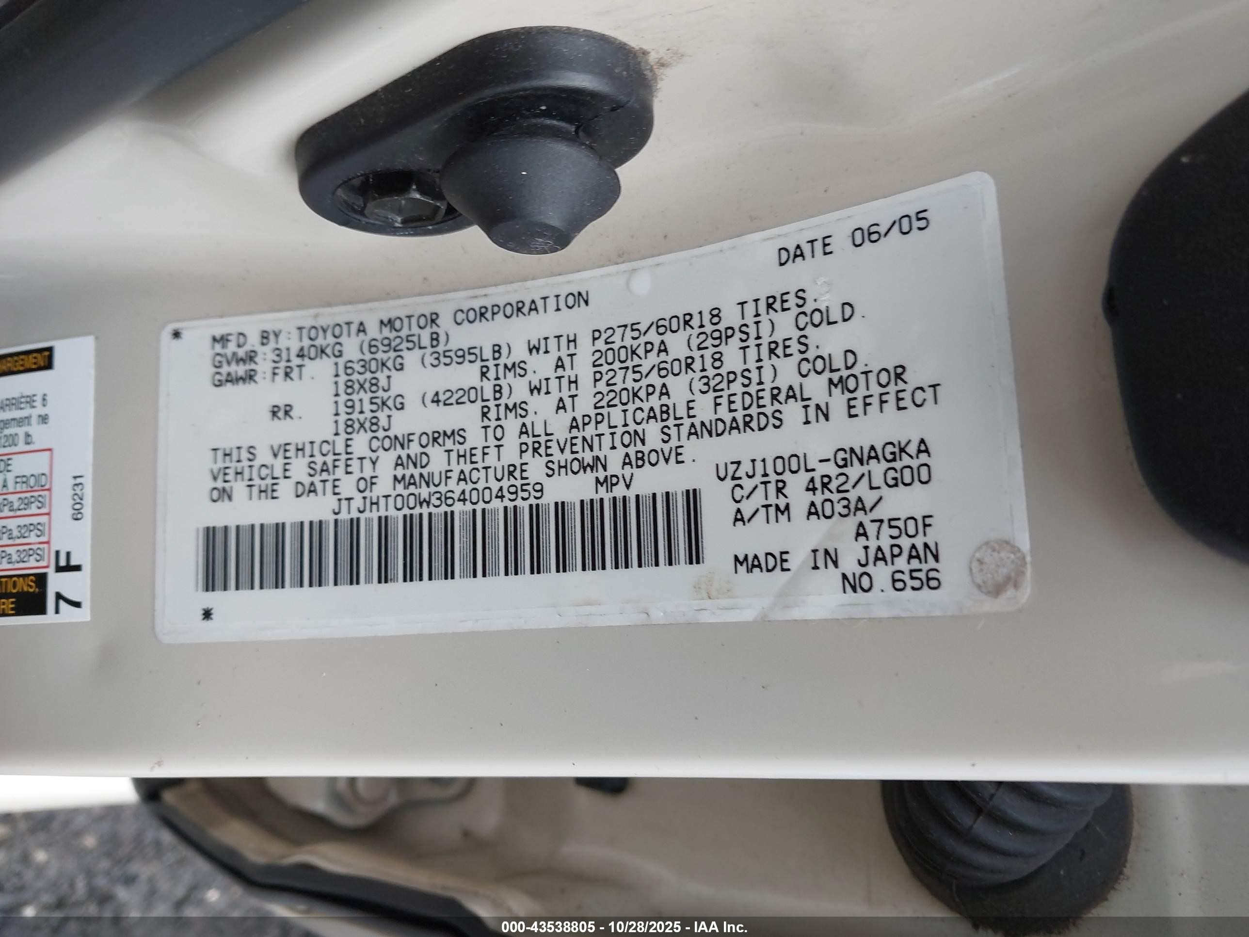 2006 Lexus Lx 470   Кремовый vin: JTJHT00W364004959