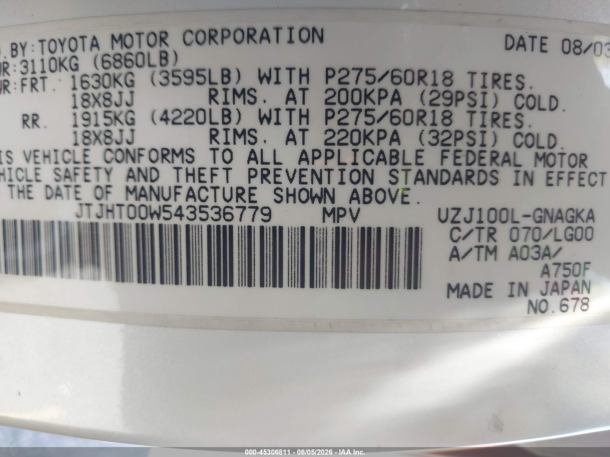 2004 Lexus Lx 470   White vin: JTJHT00W543536779