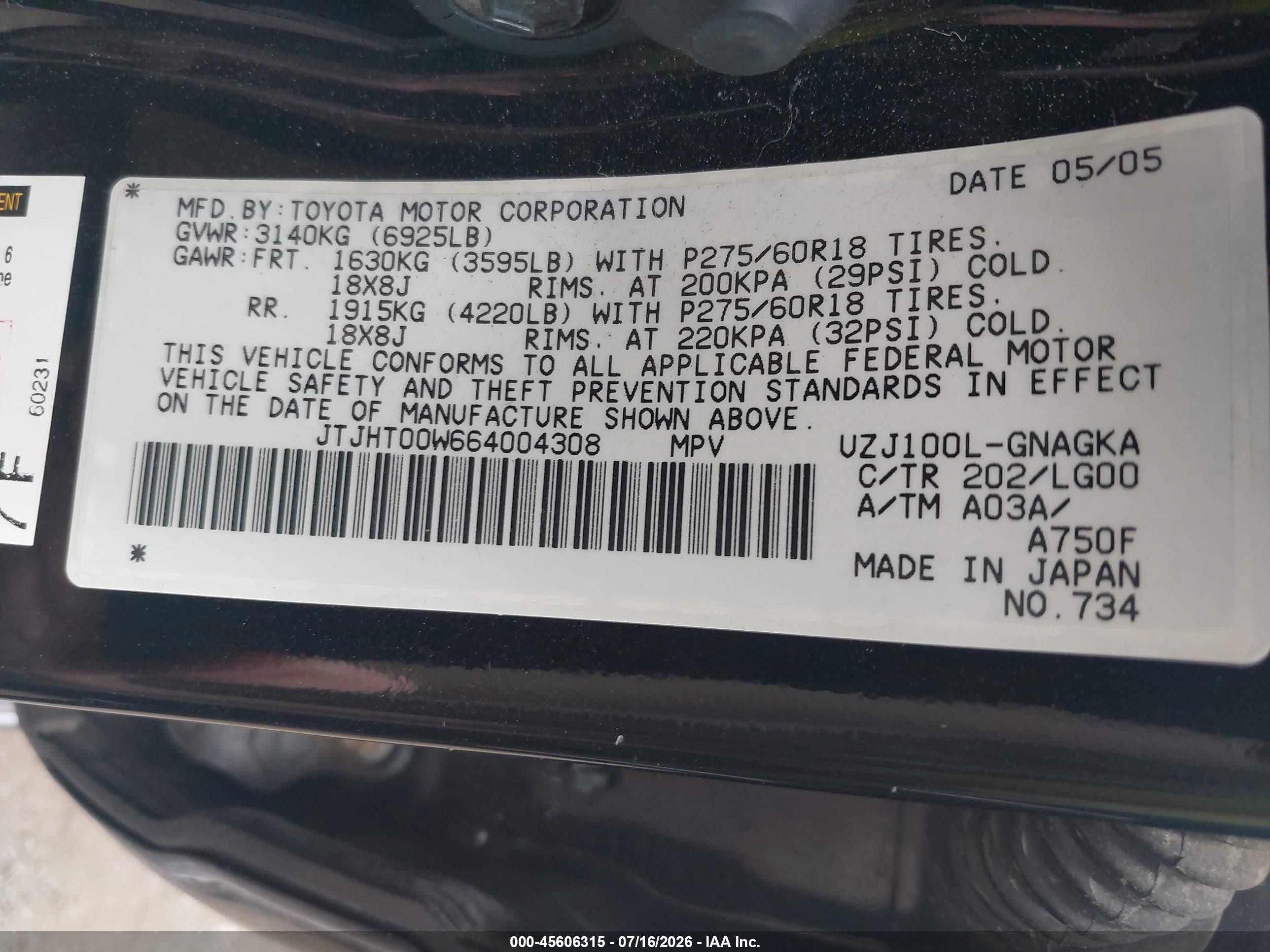 2006 Lexus Lx 470   Black vin: JTJHT00W664004308