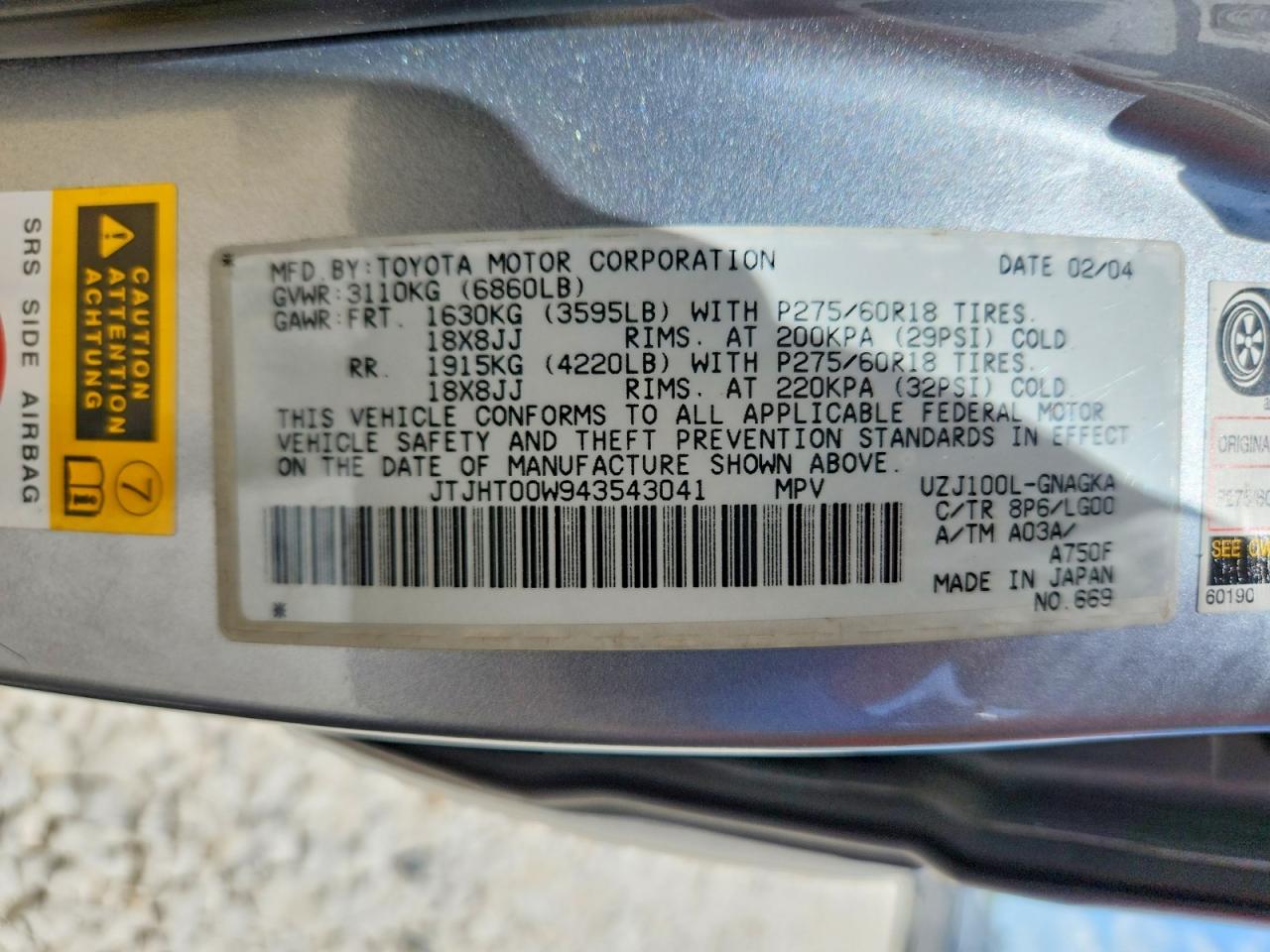 2004 Lexus Lx 470 Silver vin: JTJHT00W943543041