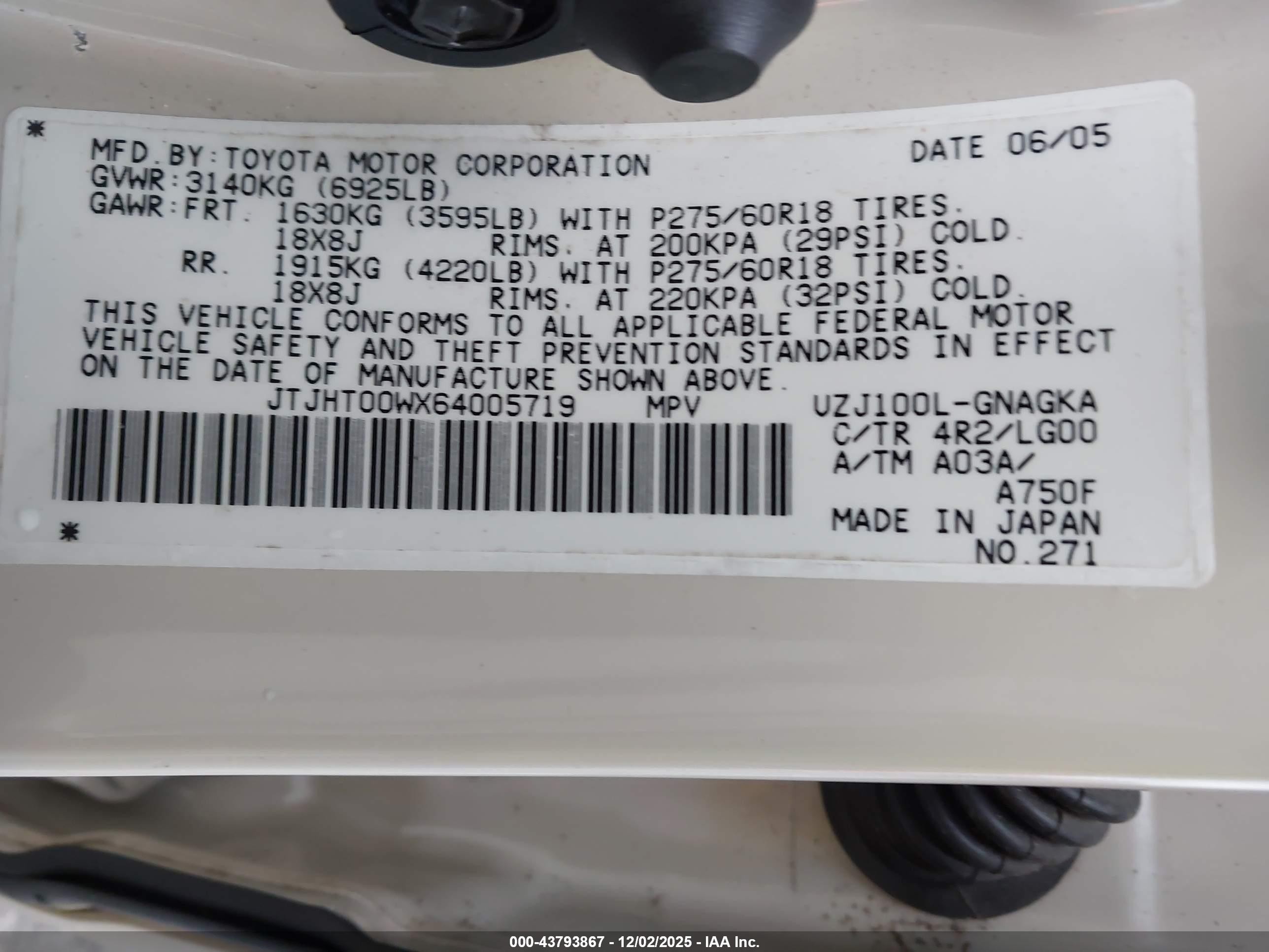 2006 Lexus Lx 470   Cream vin: JTJHT00WX64005719