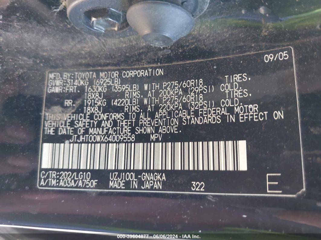 2006 Lexus Lx 470   Black vin: JTJHT00WX64009558