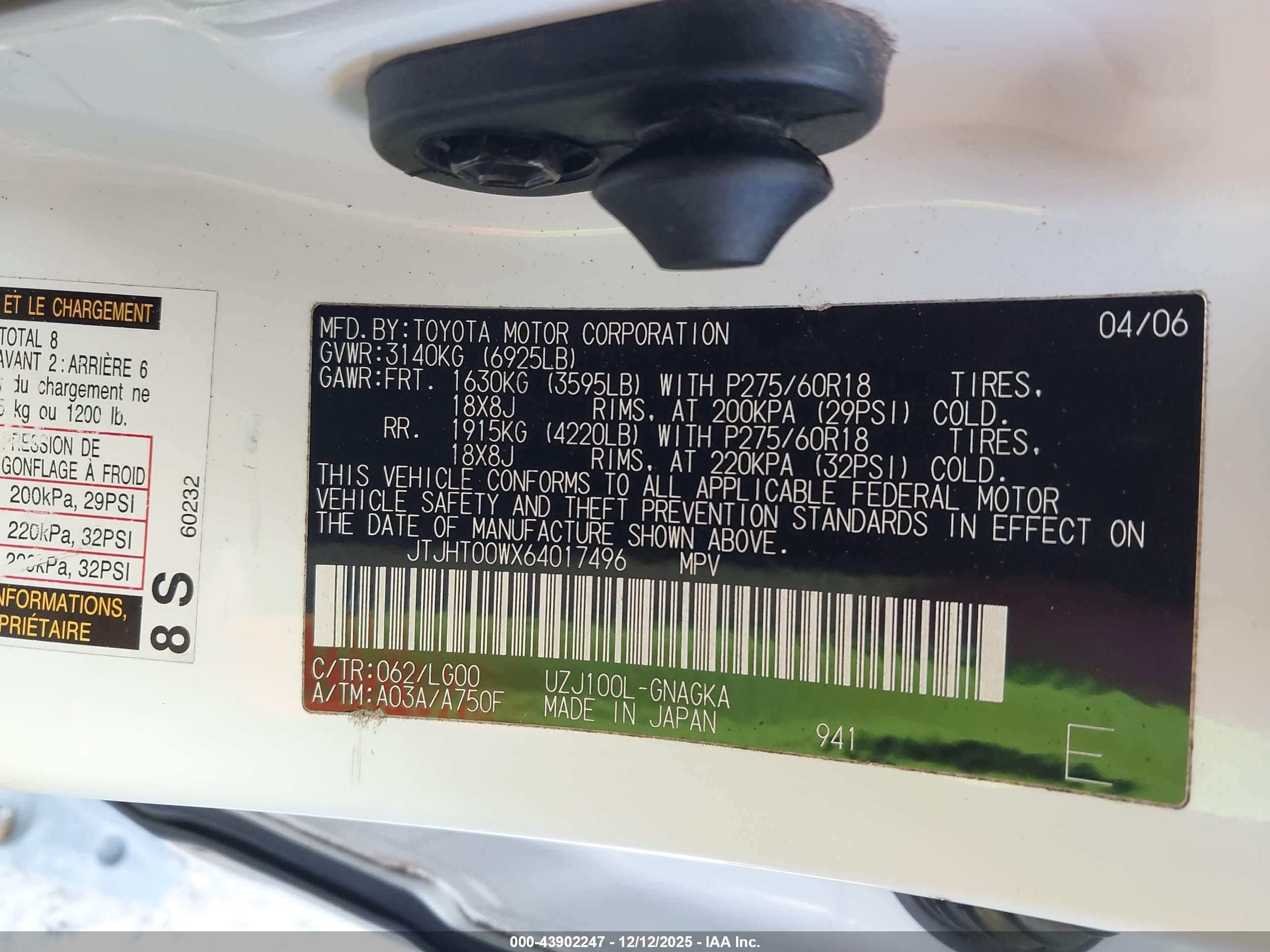 2006 Lexus Lx 470   White vin: JTJHT00WX64017496