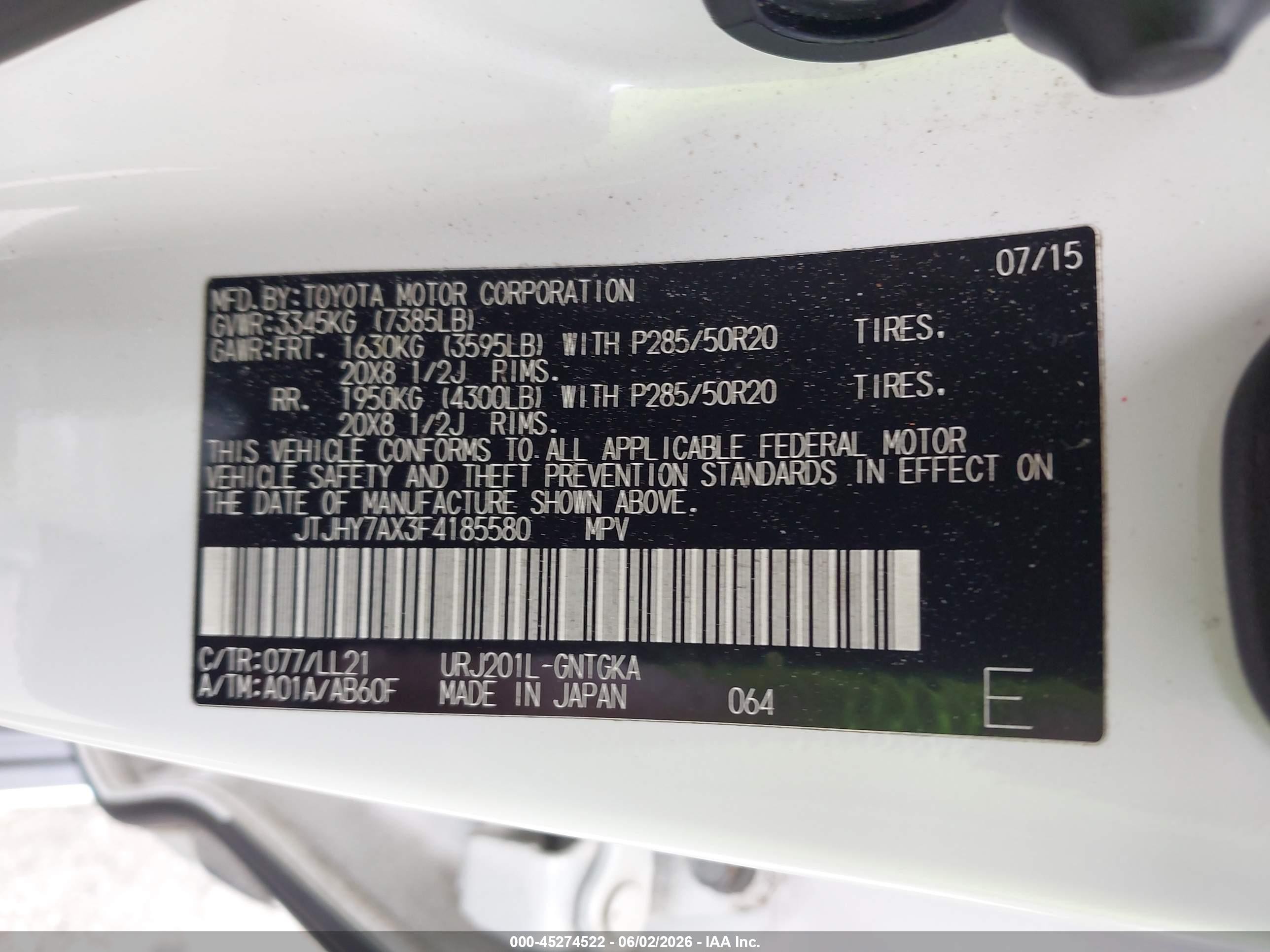 2015 Lexus Lx 570   White vin: JTJHY7AX3F4185580