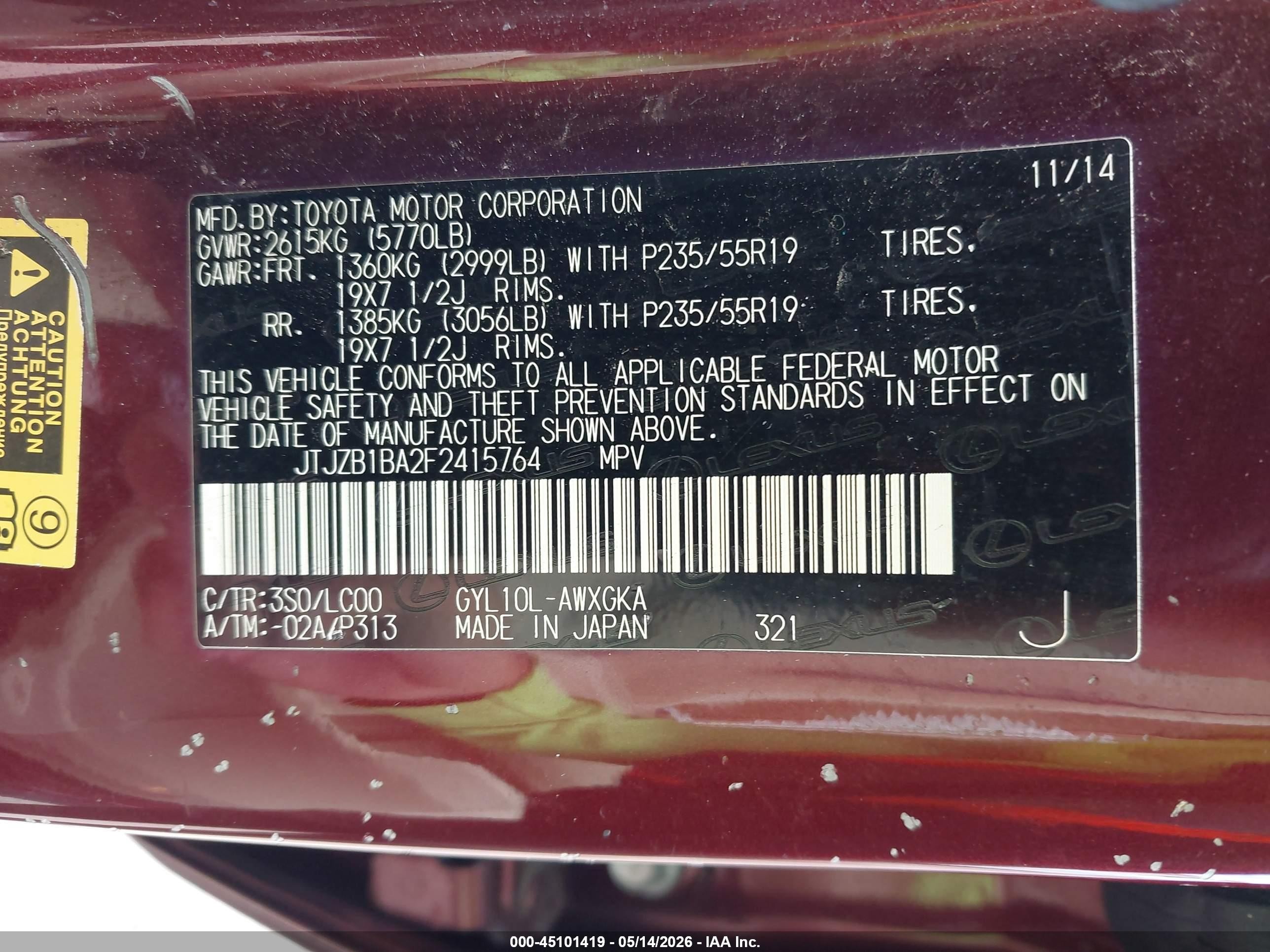 2015 Lexus Rx 450h   Red vin: JTJZB1BA2F2415764