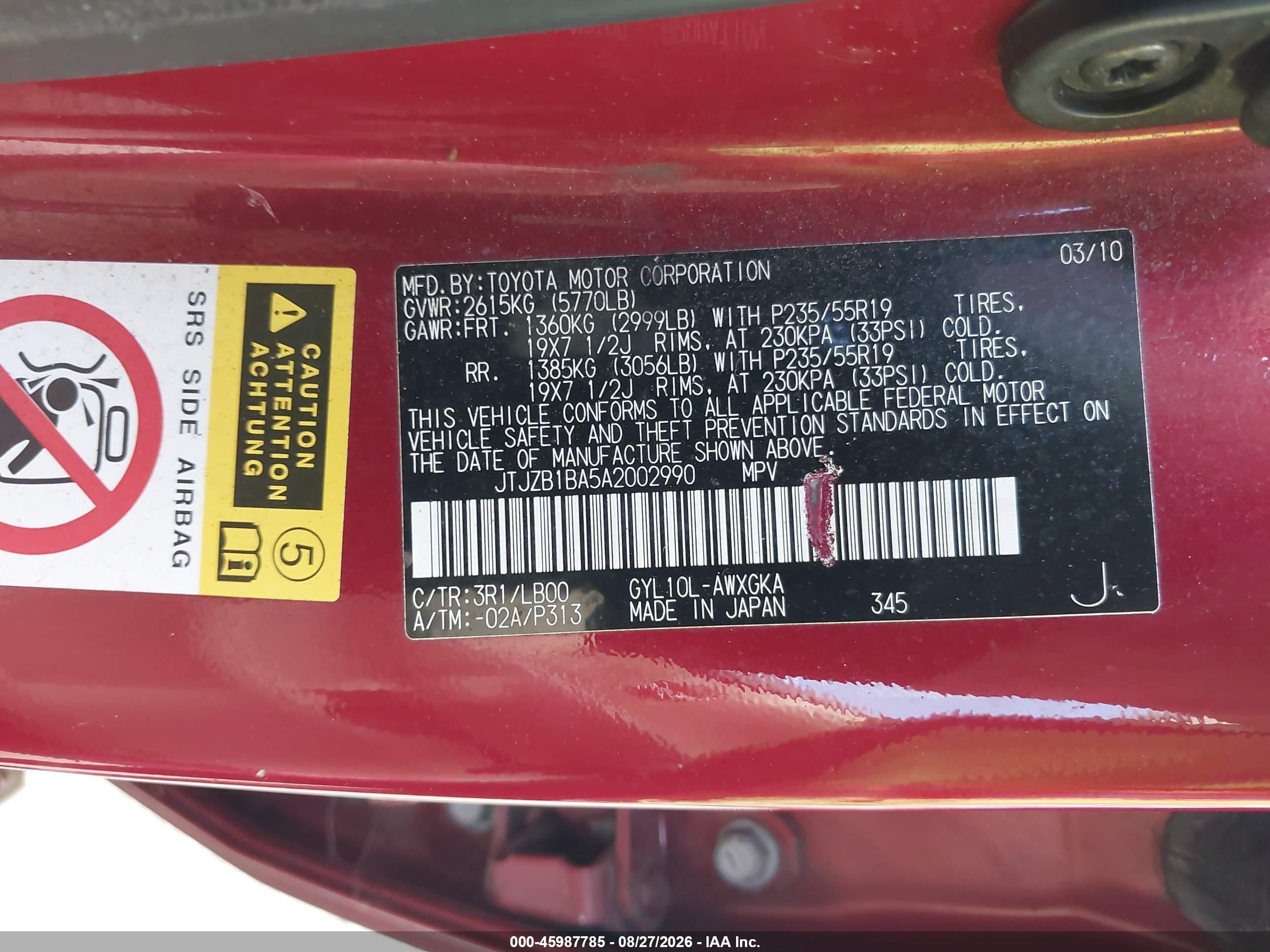 2010 Lexus Rx 450h   Red vin: JTJZB1BA5A2002990
