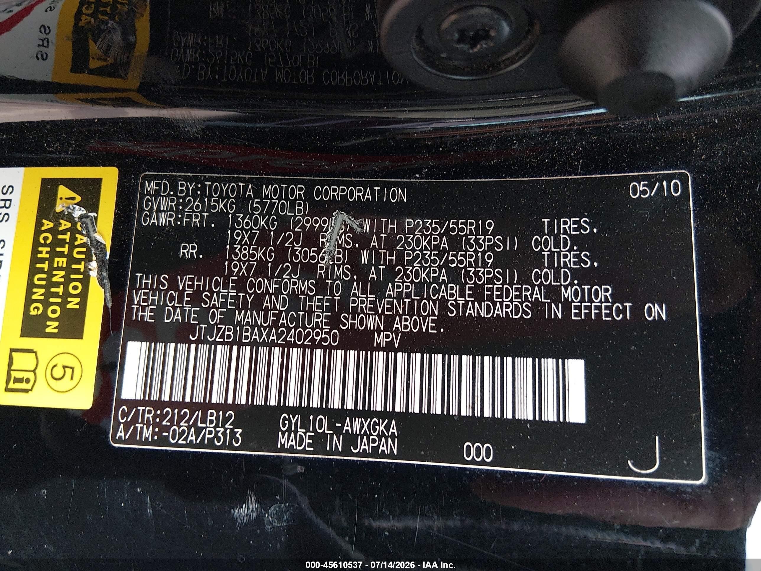 2010 Lexus Rx 450h   Black vin: JTJZB1BAXA2402950
