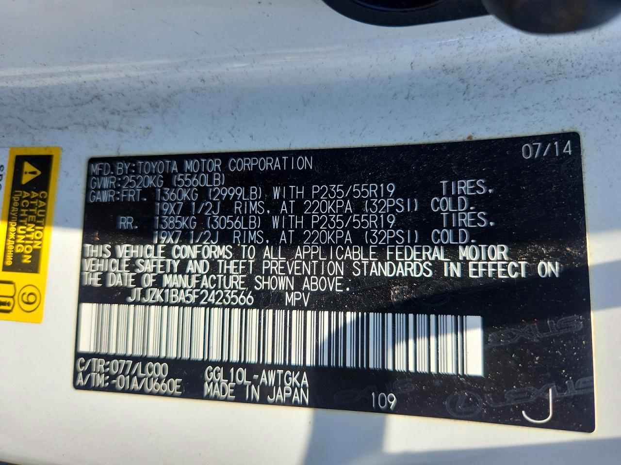 2015 Lexus Rx 350 White vin: JTJZK1BA5F2423566