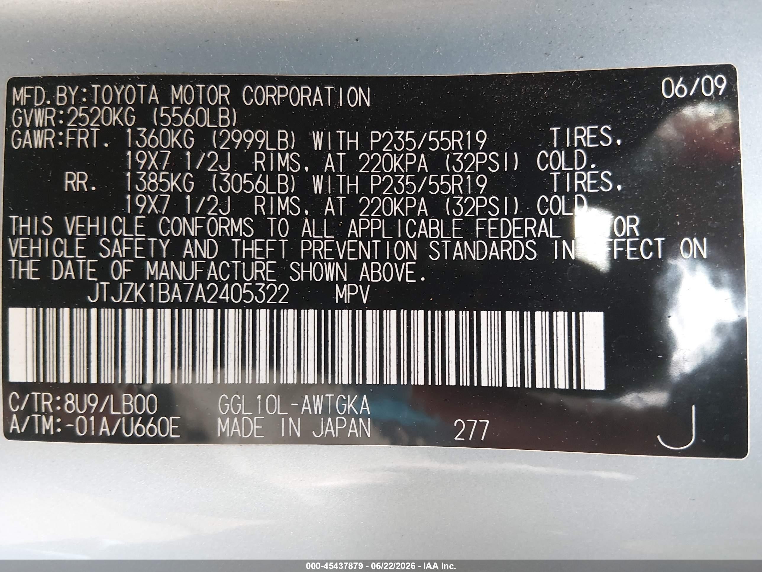 2010 Lexus Rx 350   Light Blue vin: JTJZK1BA7A2405322